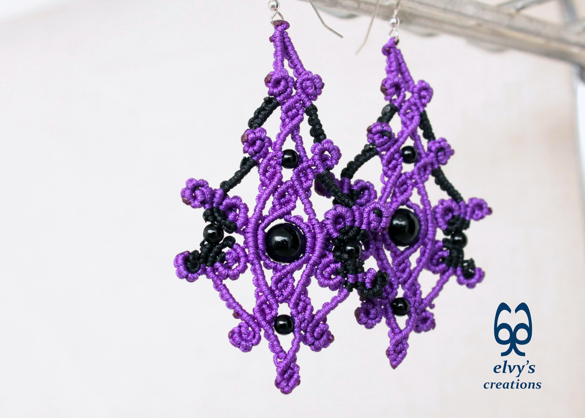 Purple Macrame Earrings Onyx Gemstone Dangle Earrings Black Micro Macrame Earrings Gift for Women