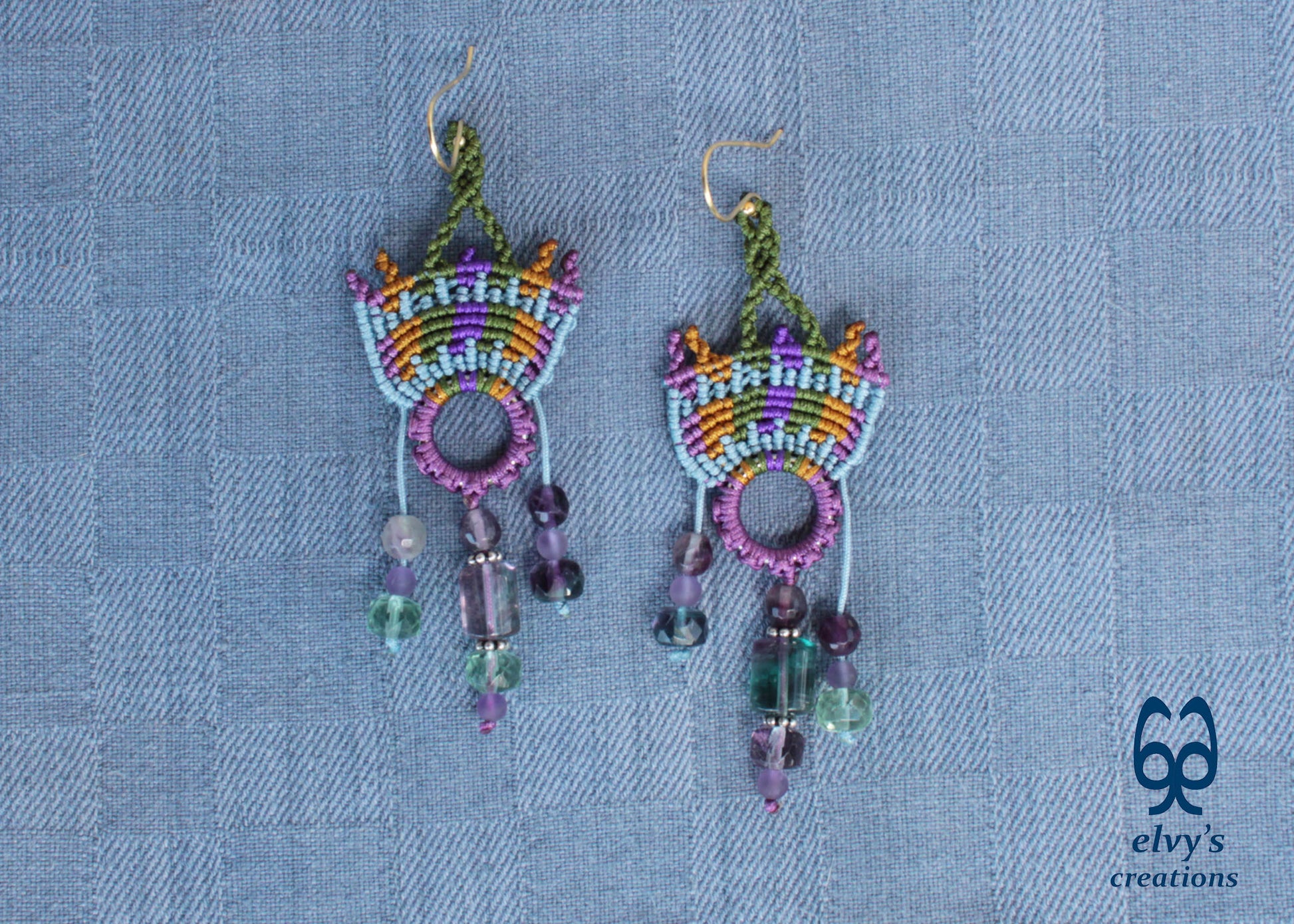 Purple Macramé Earrings Long Dangle and Green Amethyst Fluorite Gemstones