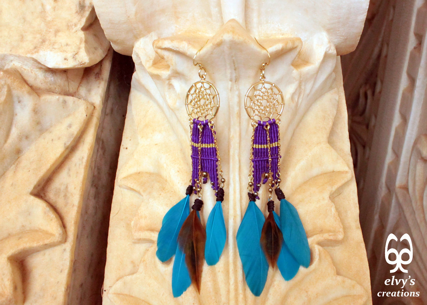 Purple Macrame Beaded Earrings, Hematite Gemstone Beads, Silver Dangle Earrings, Birthday Gift for Women