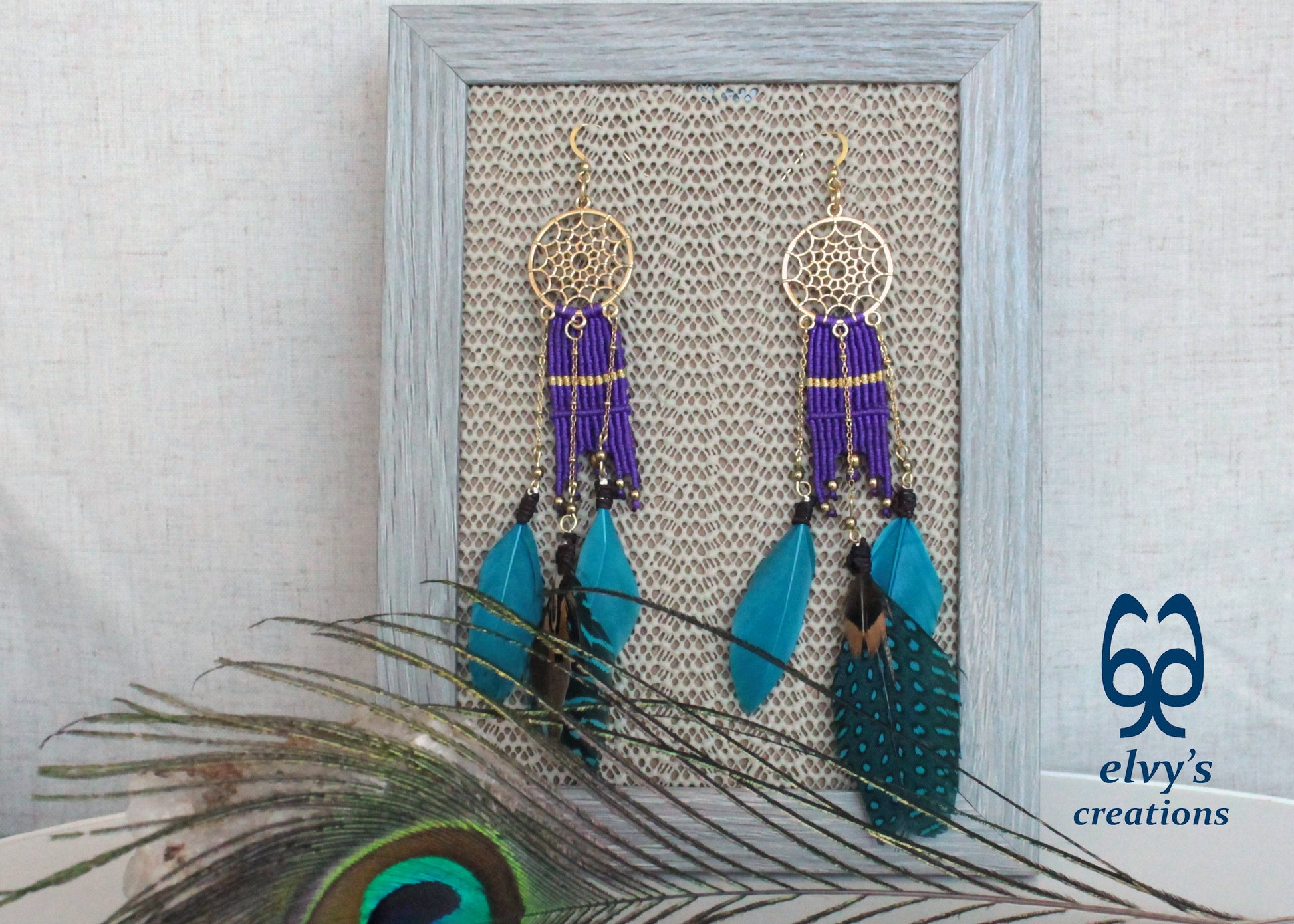 Purple Macrame Beaded Earrings, Hematite Gemstone Beads, Silver Dangle Earrings, Birthday Gift for Women