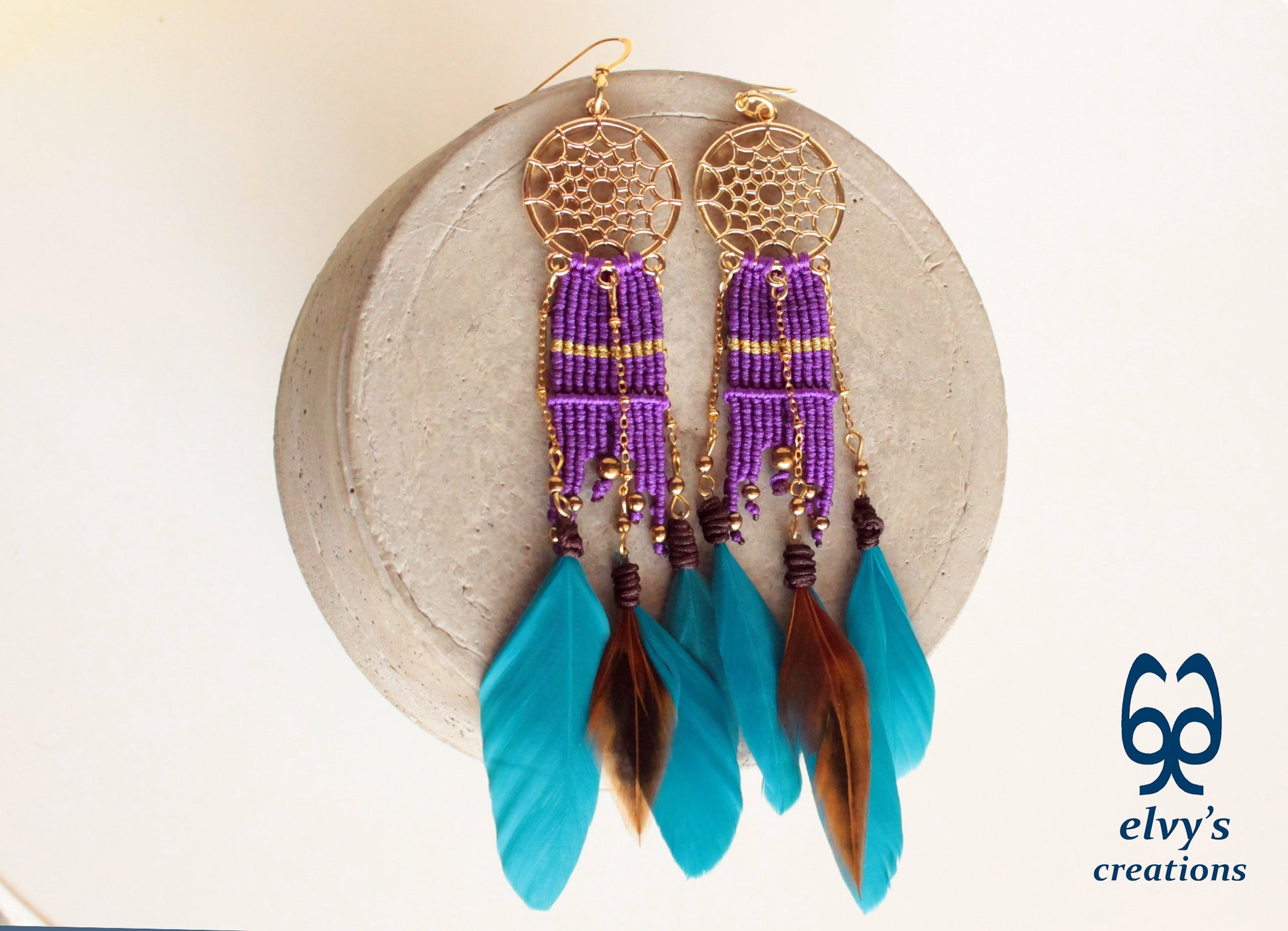 Purple Macrame Beaded Earrings, Hematite Gemstone Beads, Silver Dangle Earrings, Birthday Gift for Women