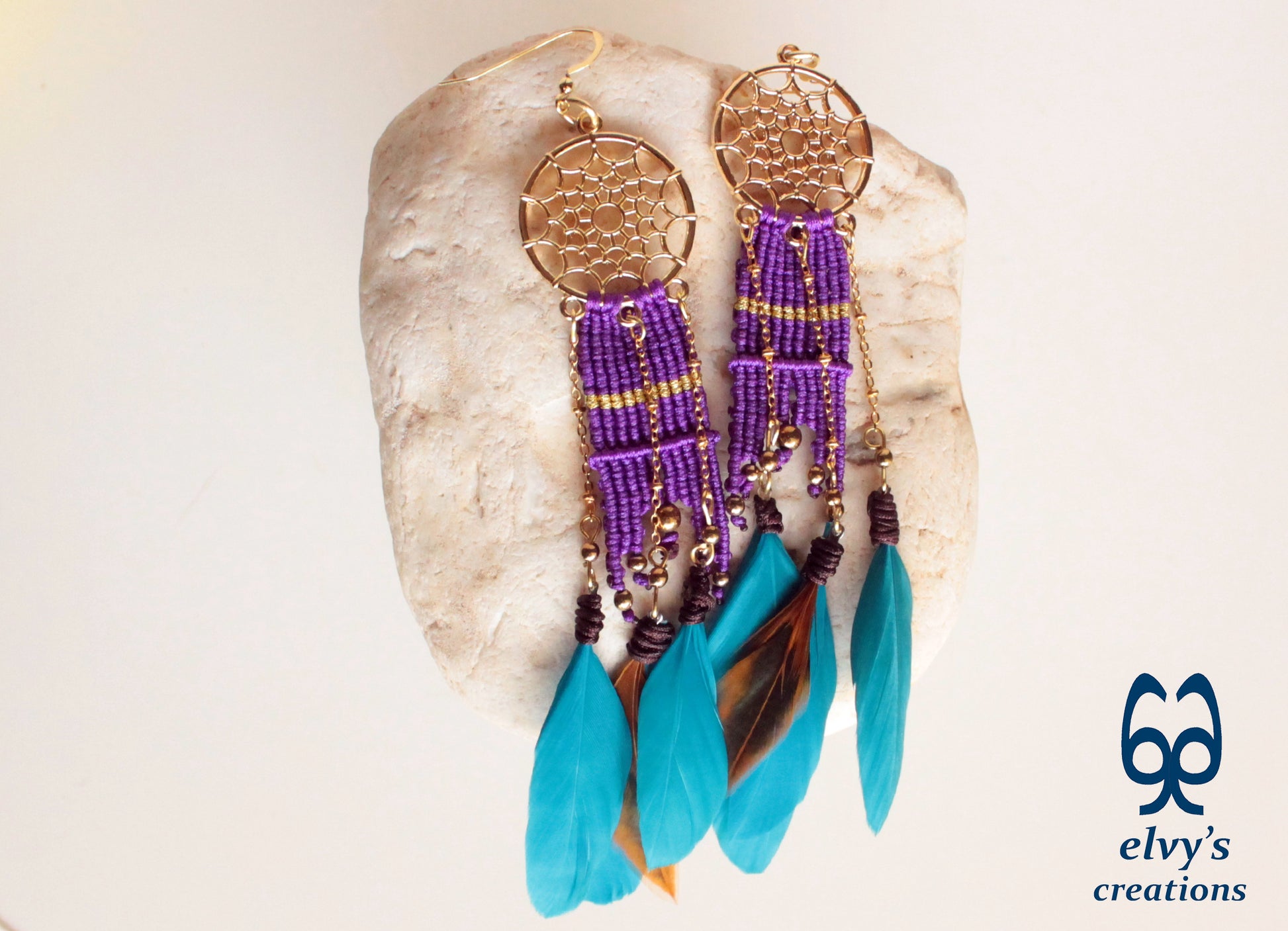 Purple Macrame Beaded Earrings, Hematite Gemstone Beads, Silver Dangle Earrings, Birthday Gift for Women