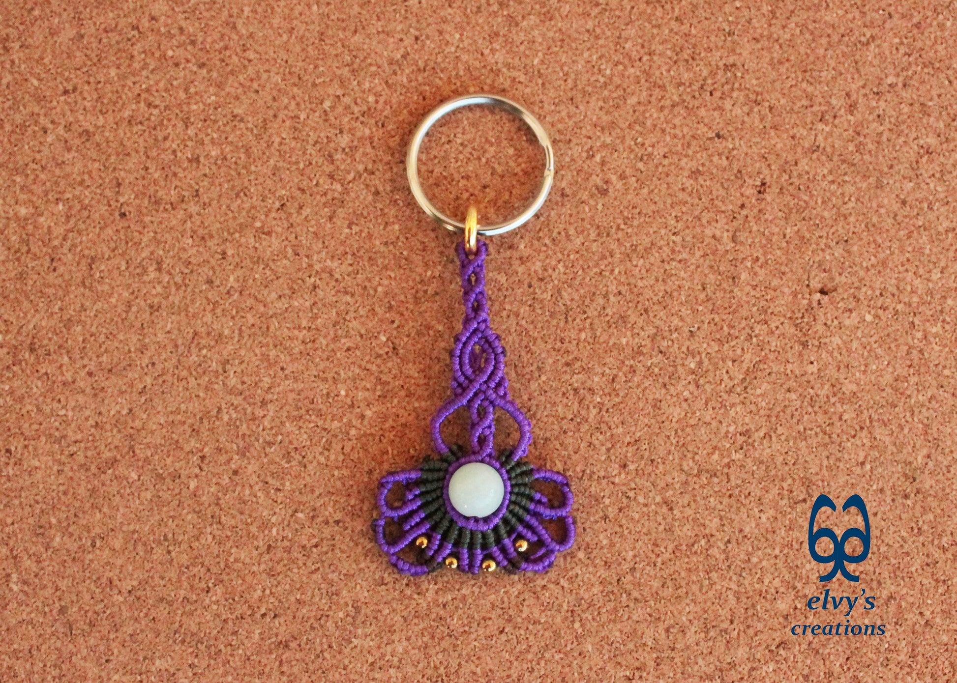 Purple Macrame Key Chain with Aventurine Crystal Green Housewarming Gift with Hematite Gemstones