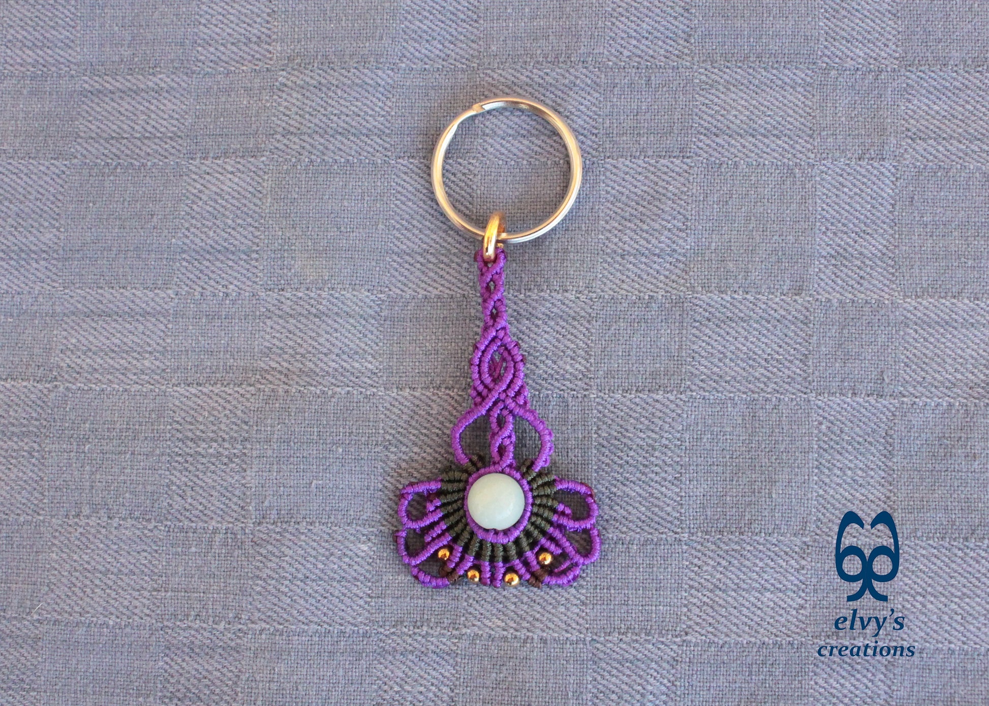 Purple Macrame Key Chain with Aventurine Crystal Green Housewarming Gift with Hematite Gemstones