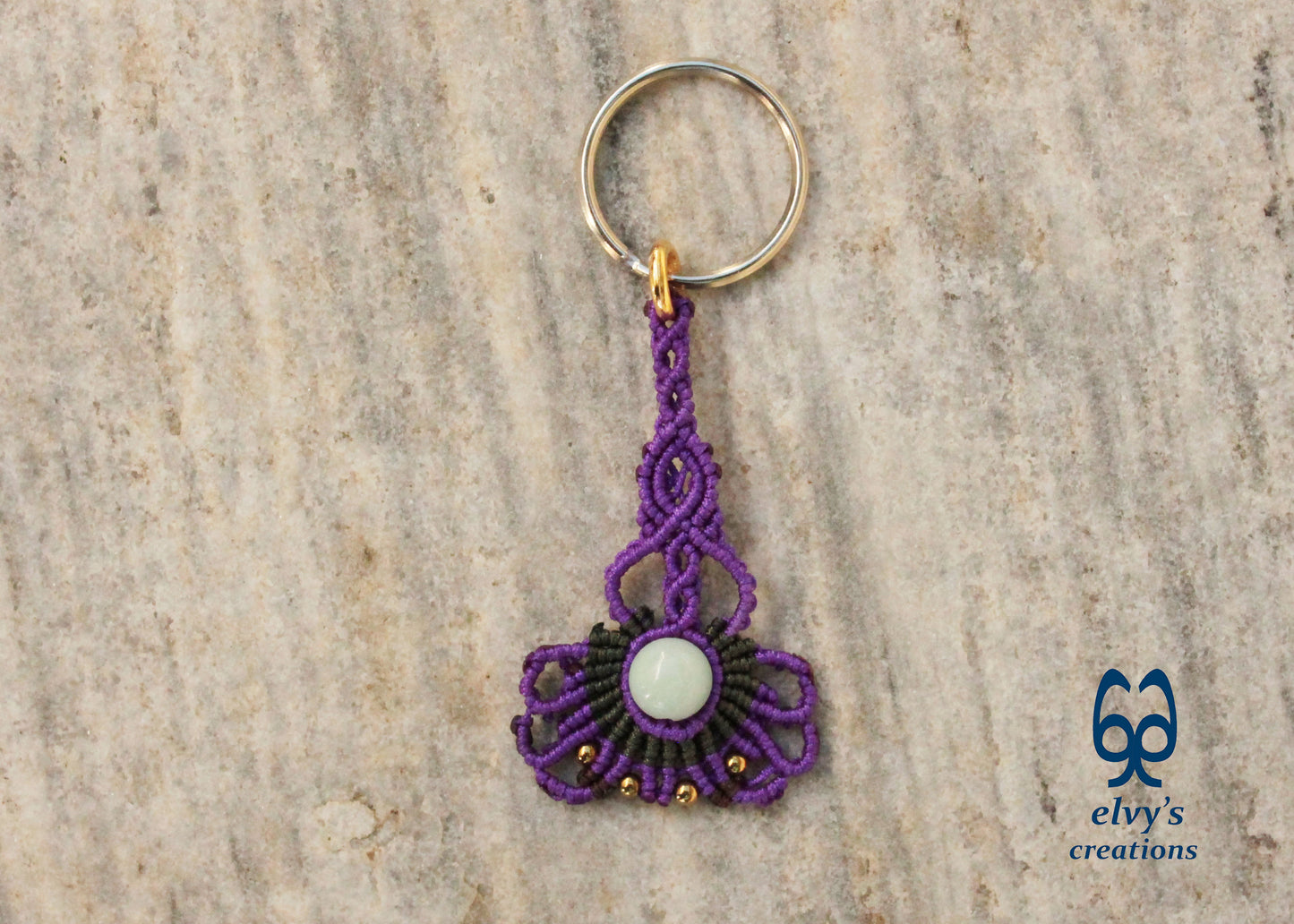 Purple Macrame Key Chain with Aventurine Crystal Green Housewarming Gift with Hematite Gemstones