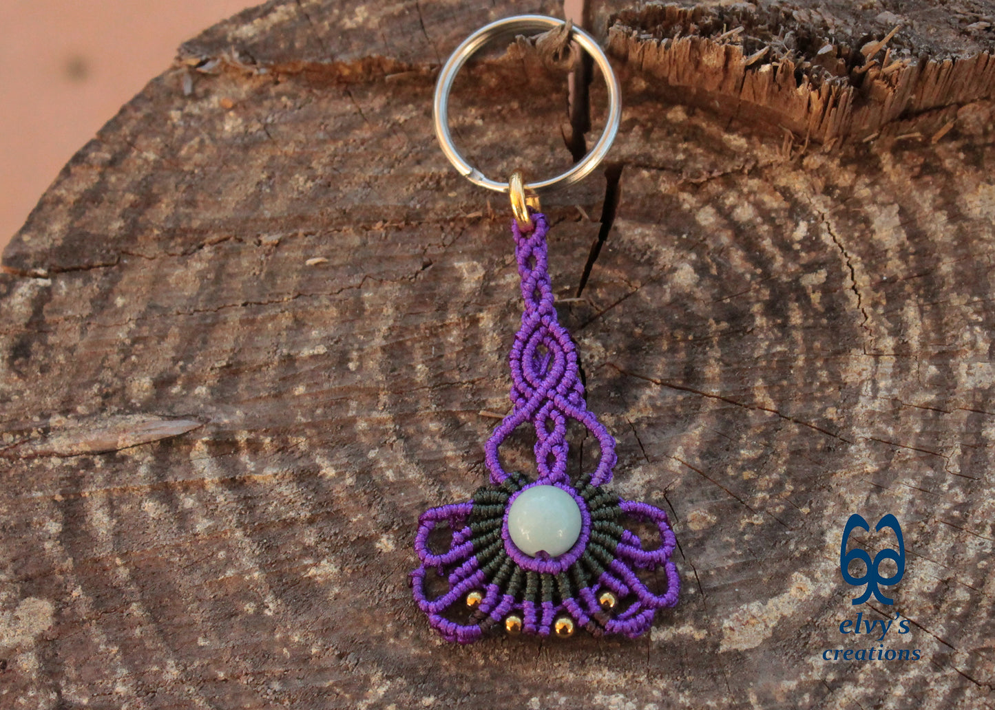 Purple Macrame Key Chain with Aventurine Crystal Green Housewarming Gift with Hematite Gemstones