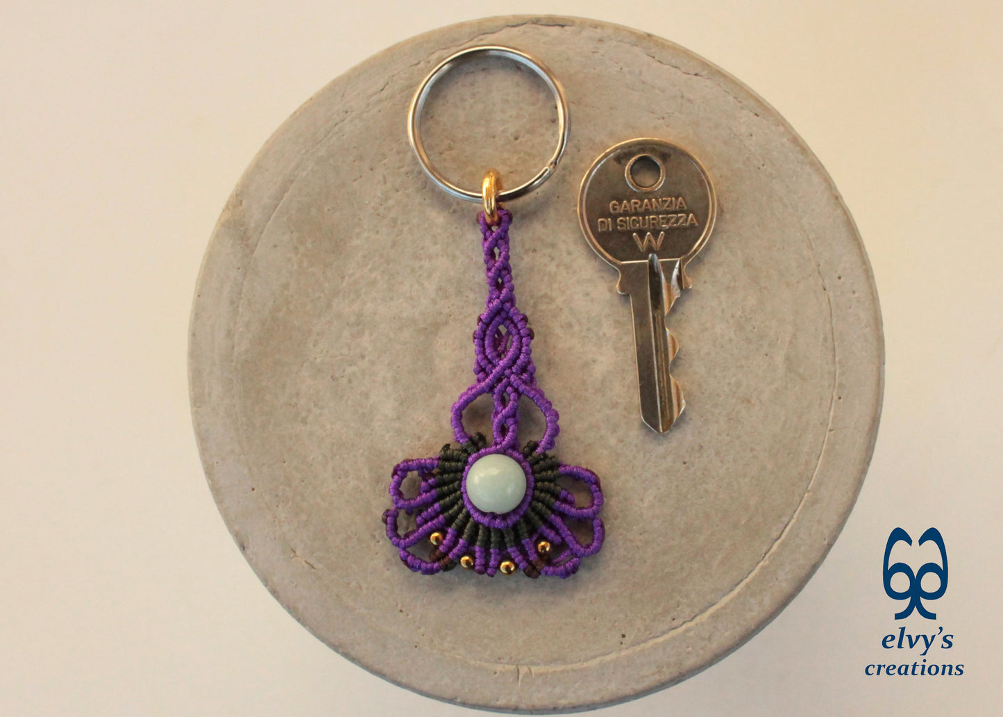 Purple Macrame Key Chain with Aventurine Crystal Green Housewarming Gift with Hematite Gemstones