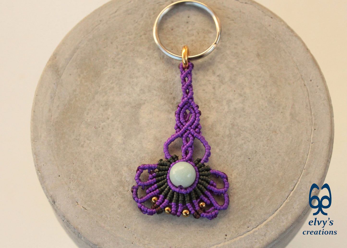 Purple Macrame Key Chain with Aventurine Crystal Green Housewarming Gift with Hematite Gemstones