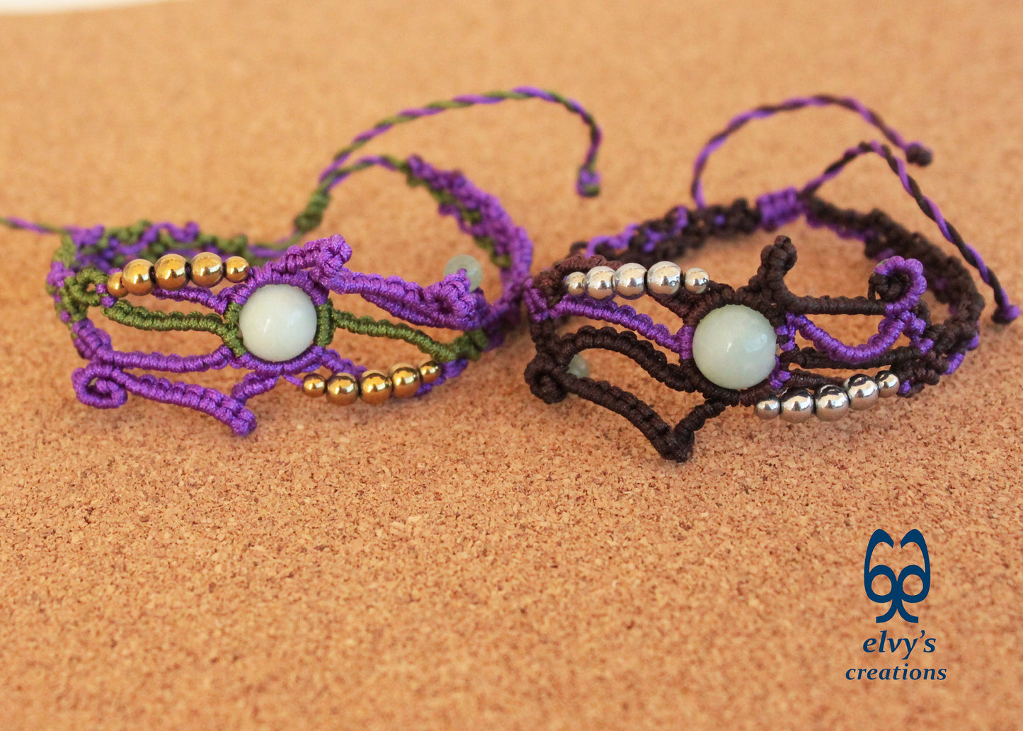 Purple and Green Macrame Bracelet with Aventurine and Hematite Gemstones