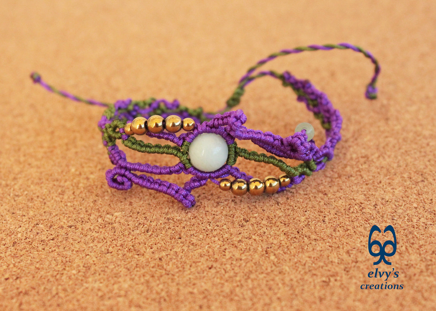 Purple and Green Macrame Bracelet with Aventurine and Hematite Gemstones