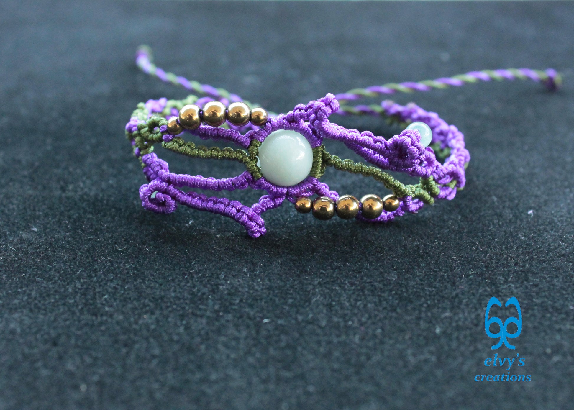 Purple and Green Macrame Bracelet with Aventurine and Hematite Gemstones