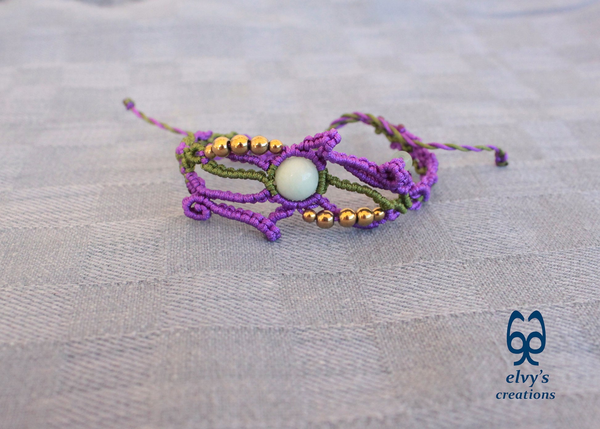 Purple and Green Macrame Bracelet with Aventurine and Hematite Gemstones