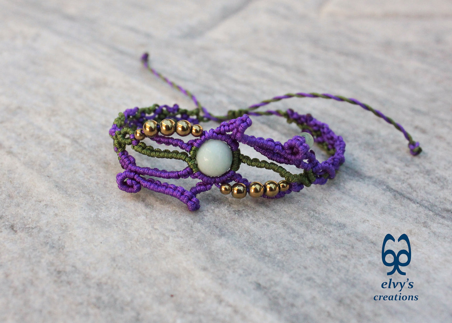 Purple and Green Macrame Bracelet with Aventurine and Hematite Gemstones