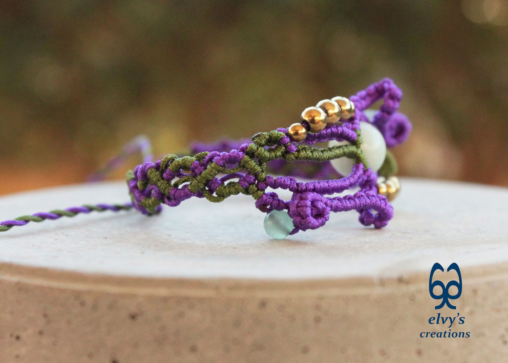 Purple and Green Macrame Bracelet with Aventurine and Hematite Gemstones