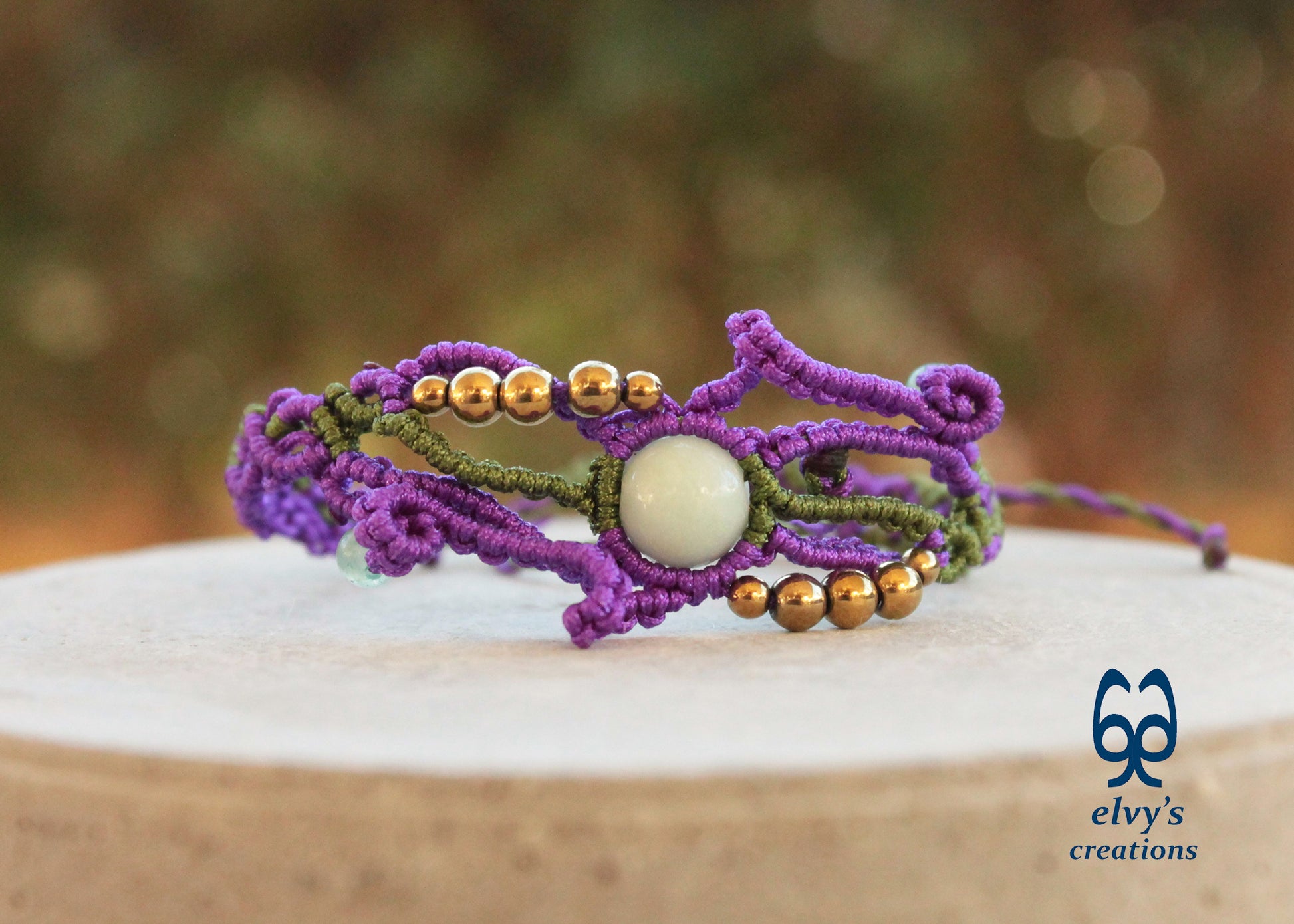 Purple and Green Macrame Bracelet with Aventurine and Hematite Gemstones