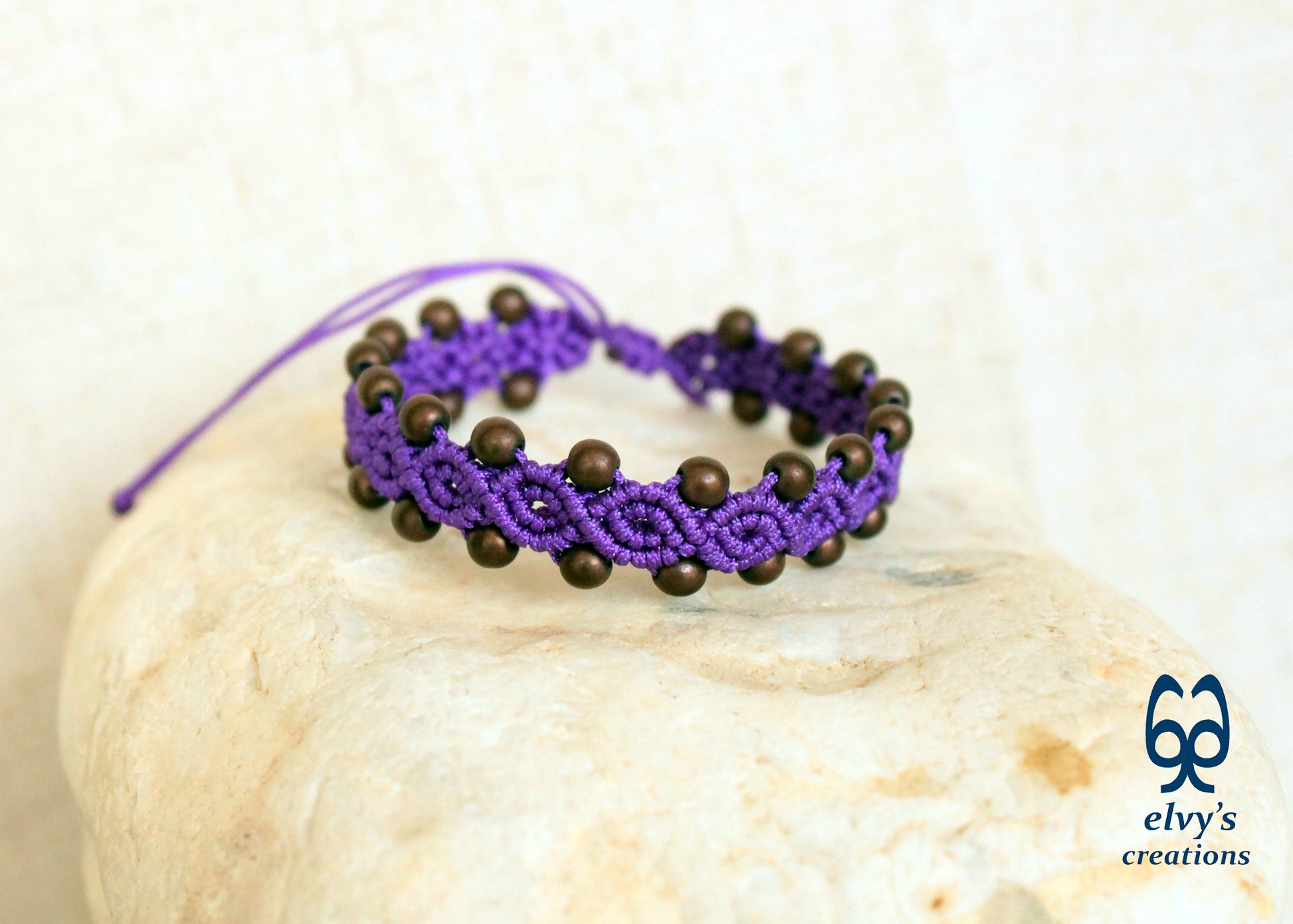 Purple Macrame Bracelet with Hematite Gemstone Beaded Cuff, Unique Birthday Gift for Women