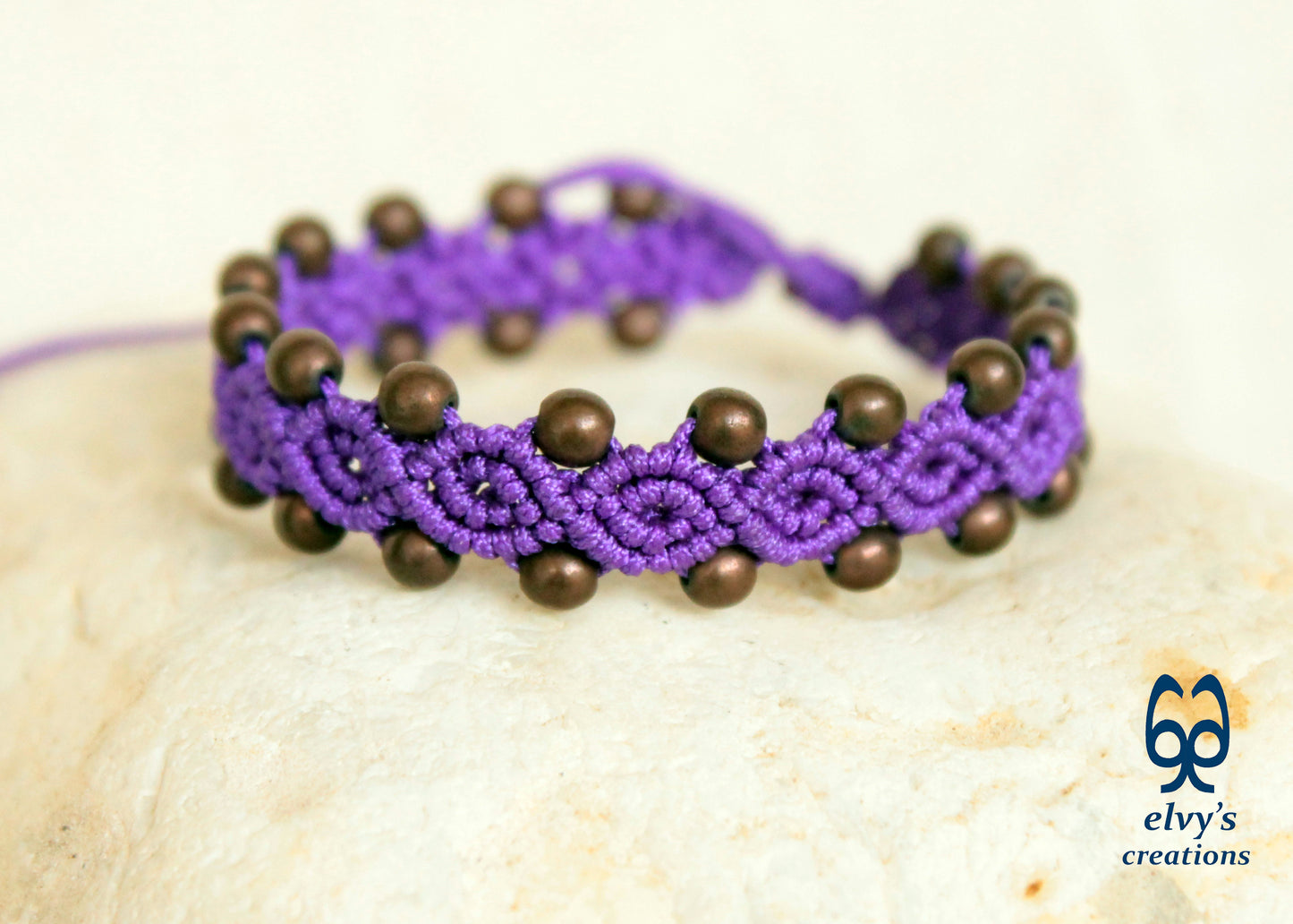 Purple Macrame Bracelet with Hematite Gemstone Beaded Cuff, Unique Birthday Gift for Women