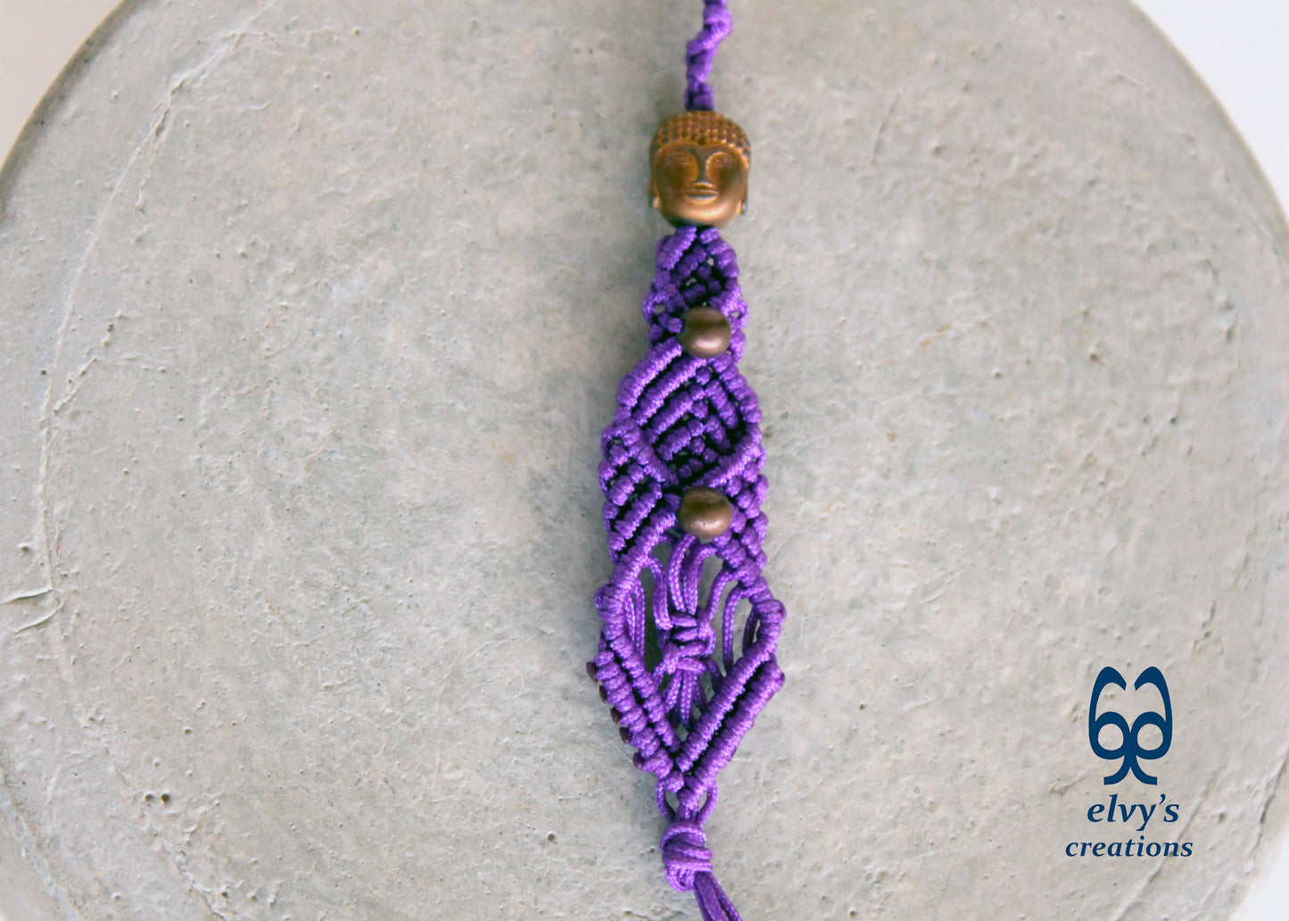 Purple and Bronze Macrame Key Chain Buddha Key Chain Housewarming Gift Small Gift for Woman and Man Good Luck Charm