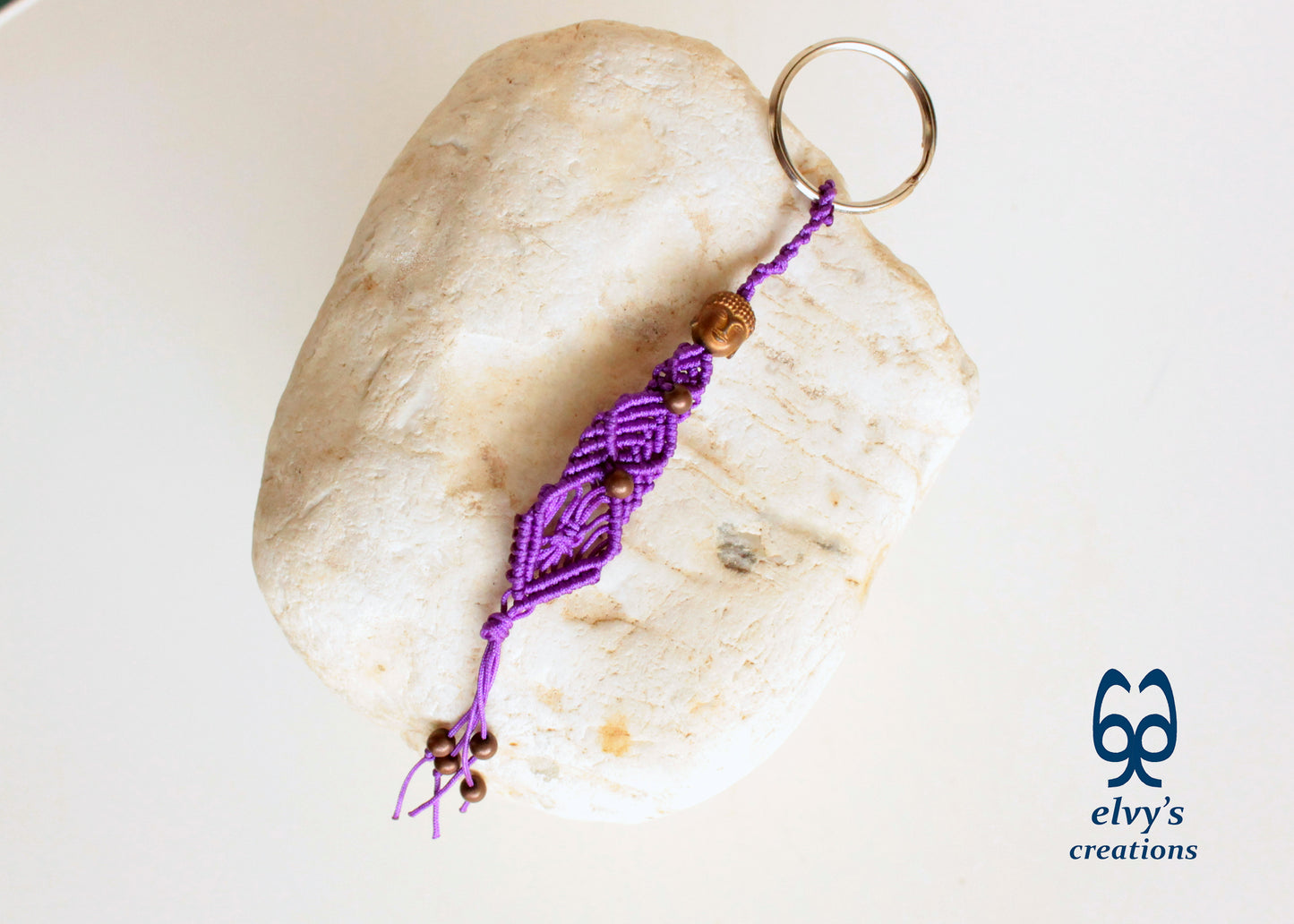 Purple and Bronze Macrame Key Chain Buddha Key Chain Housewarming Gift Small Gift for Woman and Man Good Luck Charm