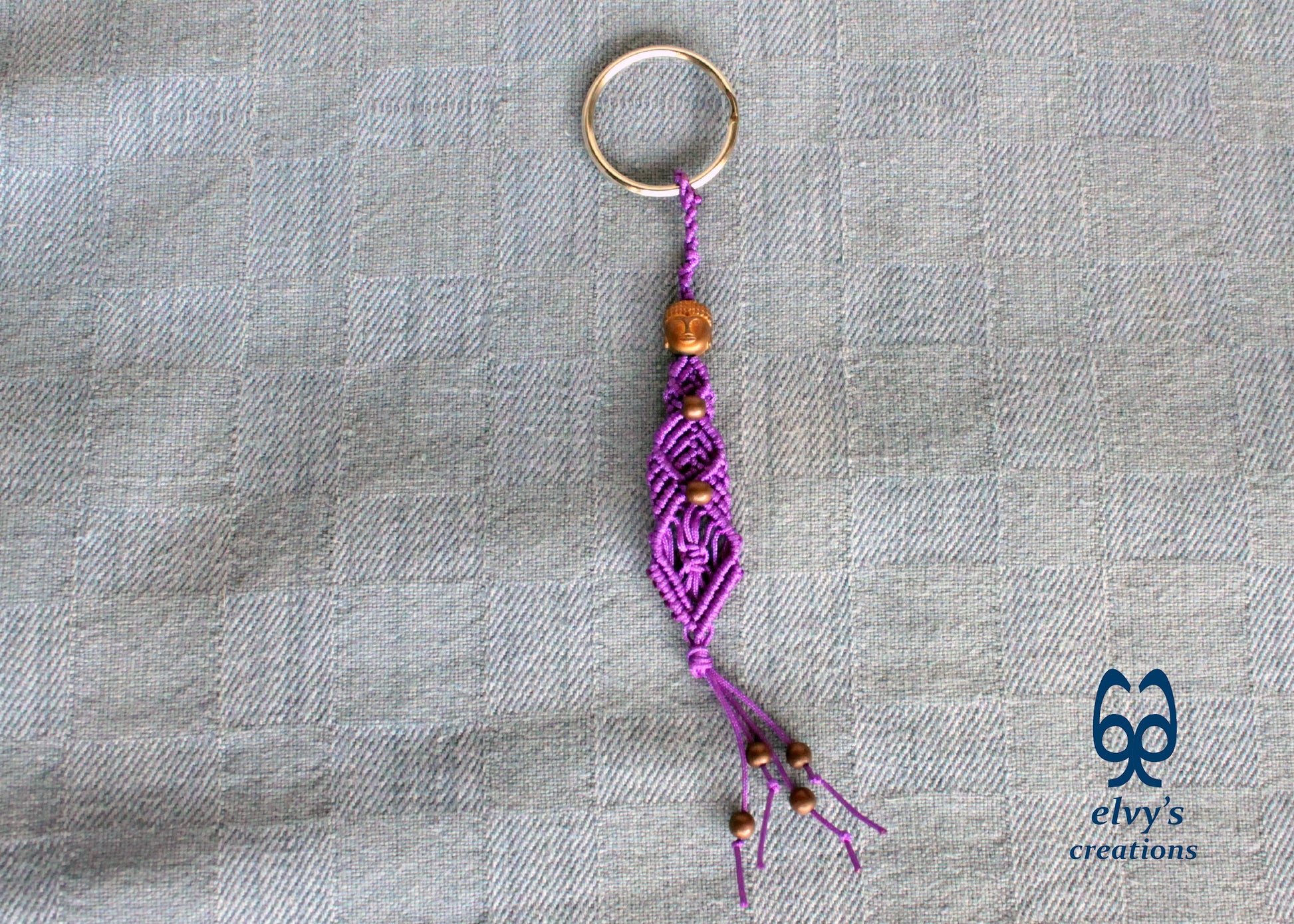 Purple and Bronze Macrame Key Chain Buddha Key Chain Housewarming Gift Small Gift for Woman and Man Good Luck Charm