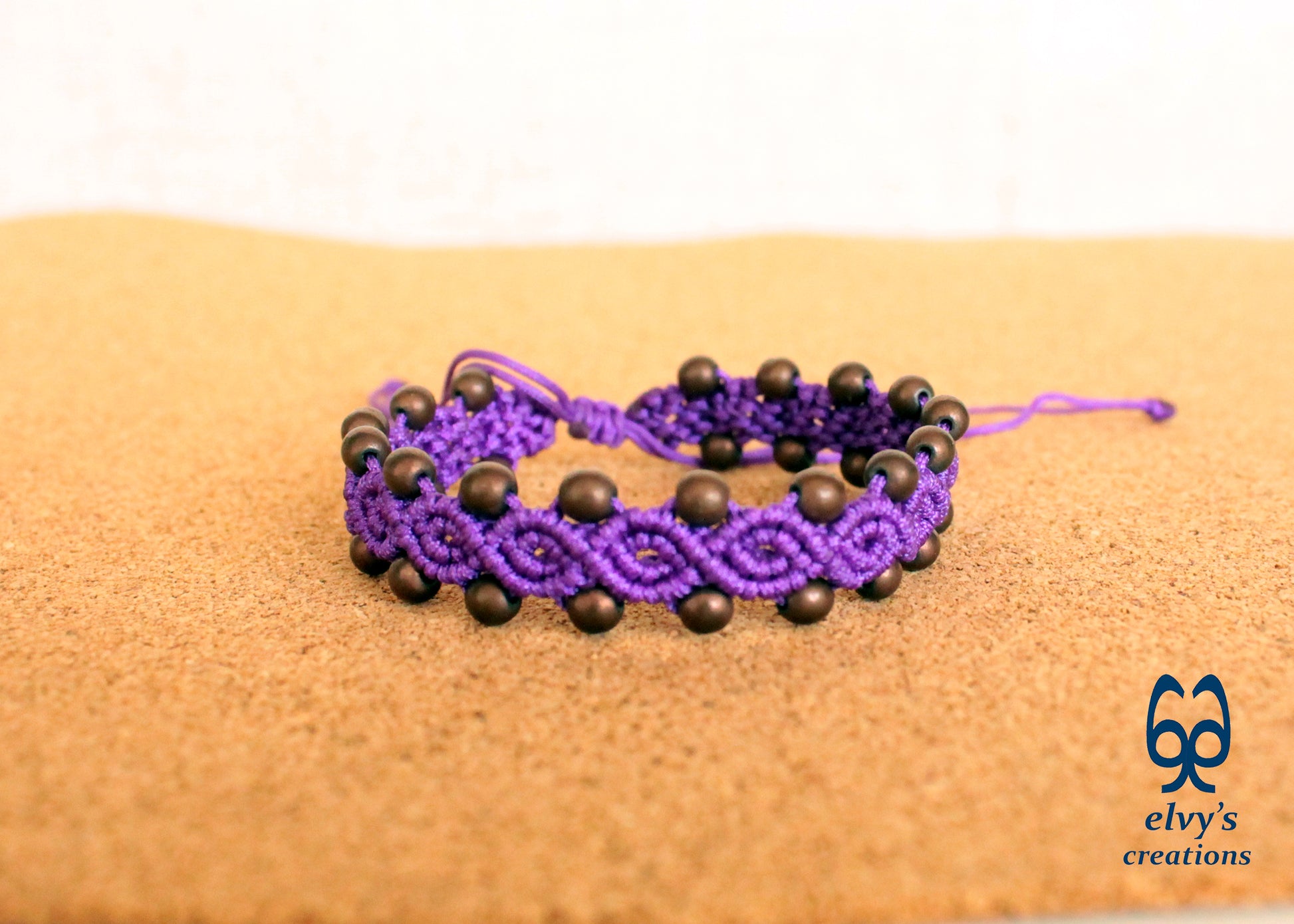 Purple Macrame Bracelet with Hematite Gemstone Beaded Cuff, Unique Birthday Gift for Women