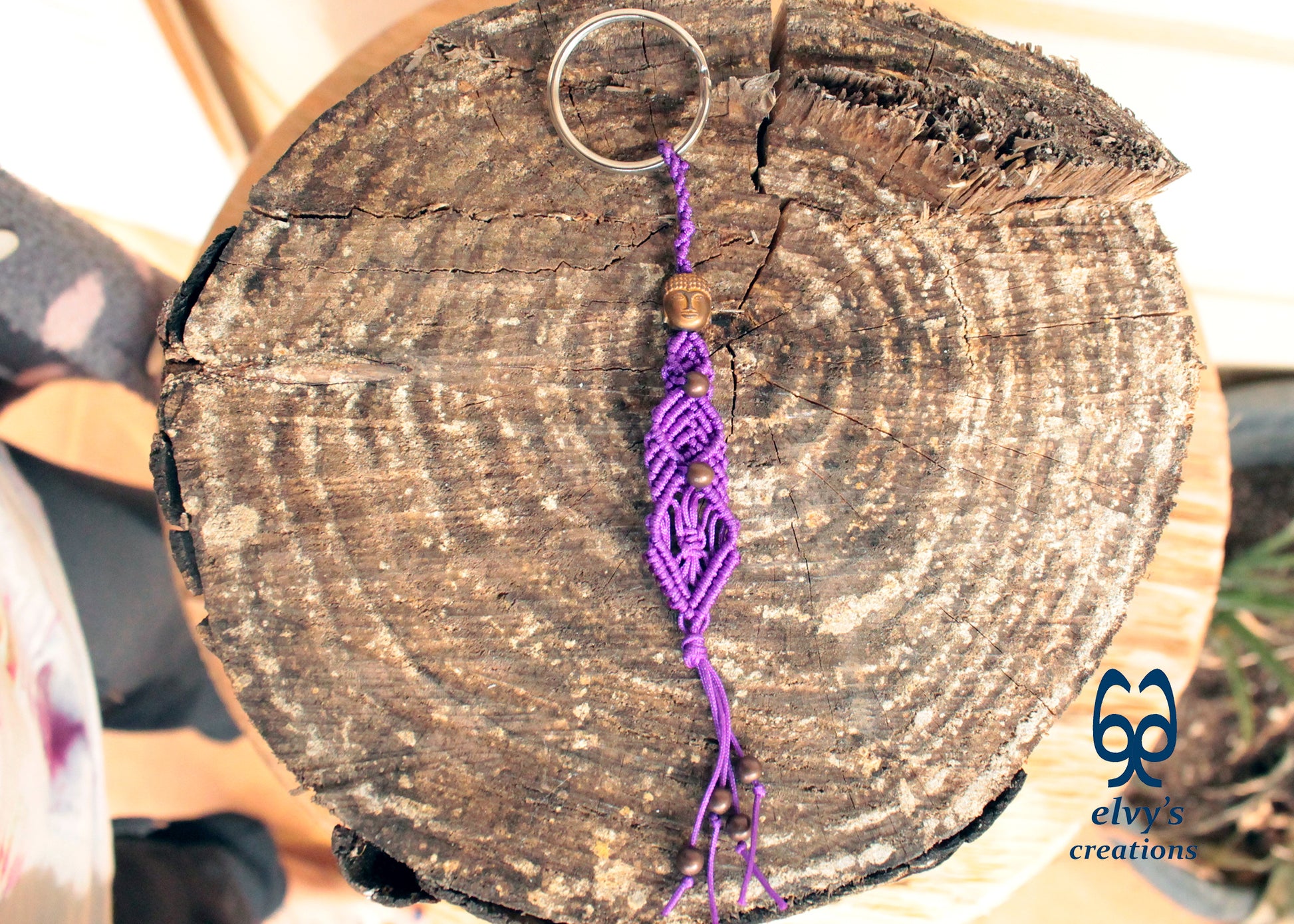 Purple and Bronze Macrame Key Chain Buddha Key Chain Housewarming Gift Small Gift for Woman and Man Good Luck Charm