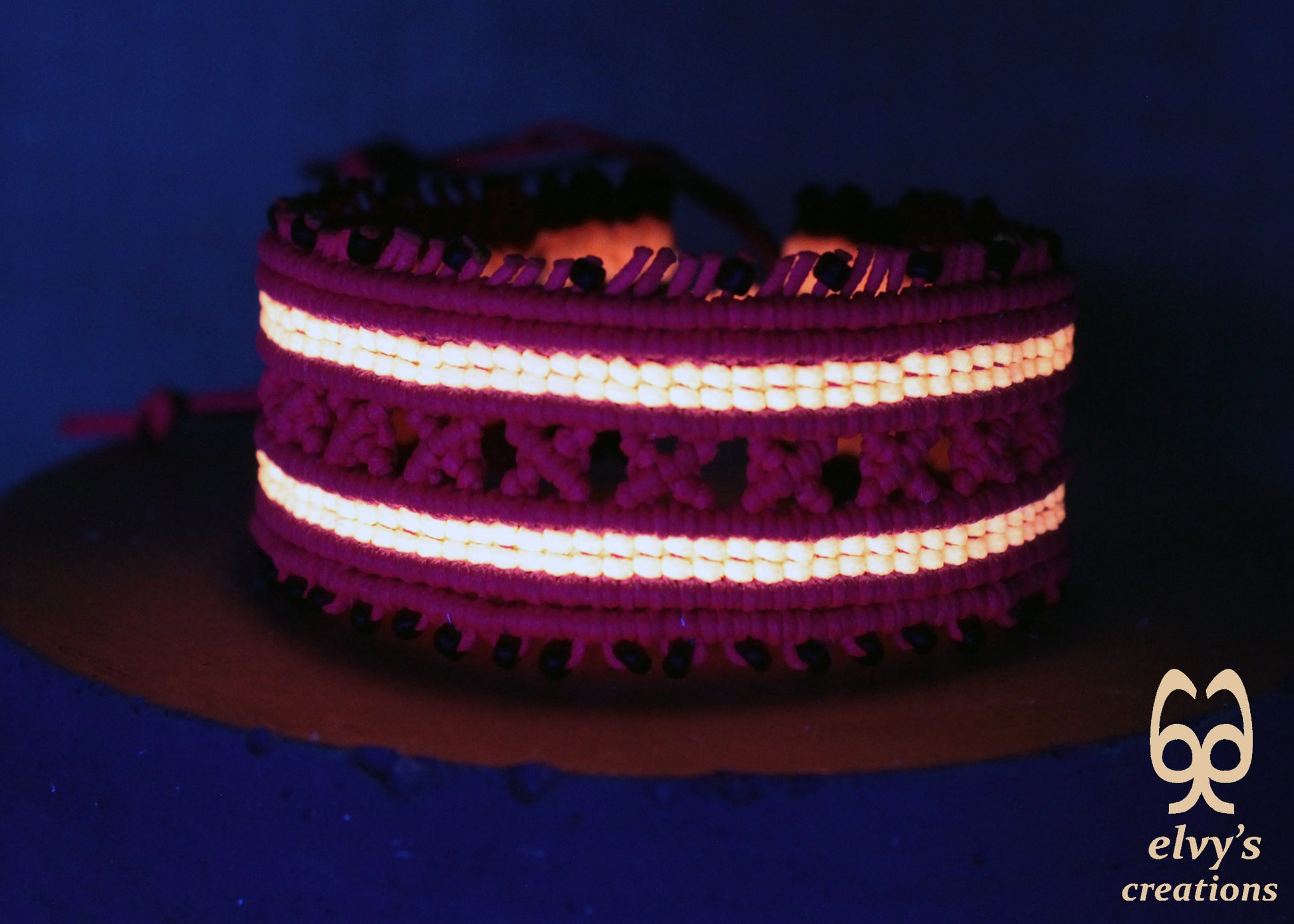 Purple and Fluorescent Orange Macrame Cuff Bracelet Adjustable with Bronze Miyuki Beads