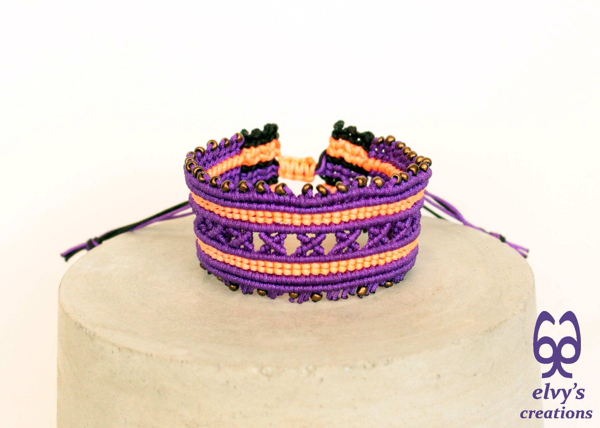 Purple and Fluorescent Orange Macrame Cuff Bracelet Adjustable with Bronze Miyuki Beads