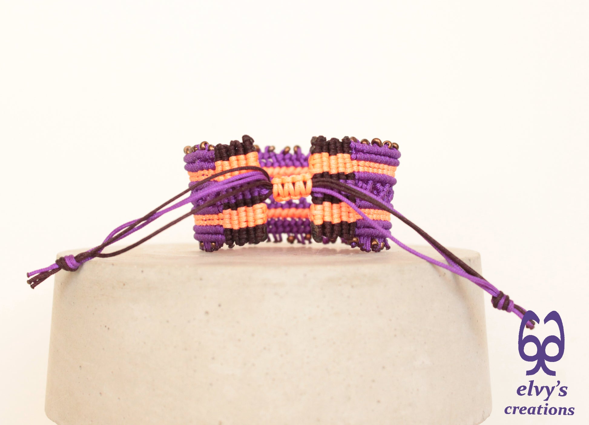 Purple and Fluorescent Orange Macrame Cuff Bracelet Adjustable with Bronze Miyuki Beads