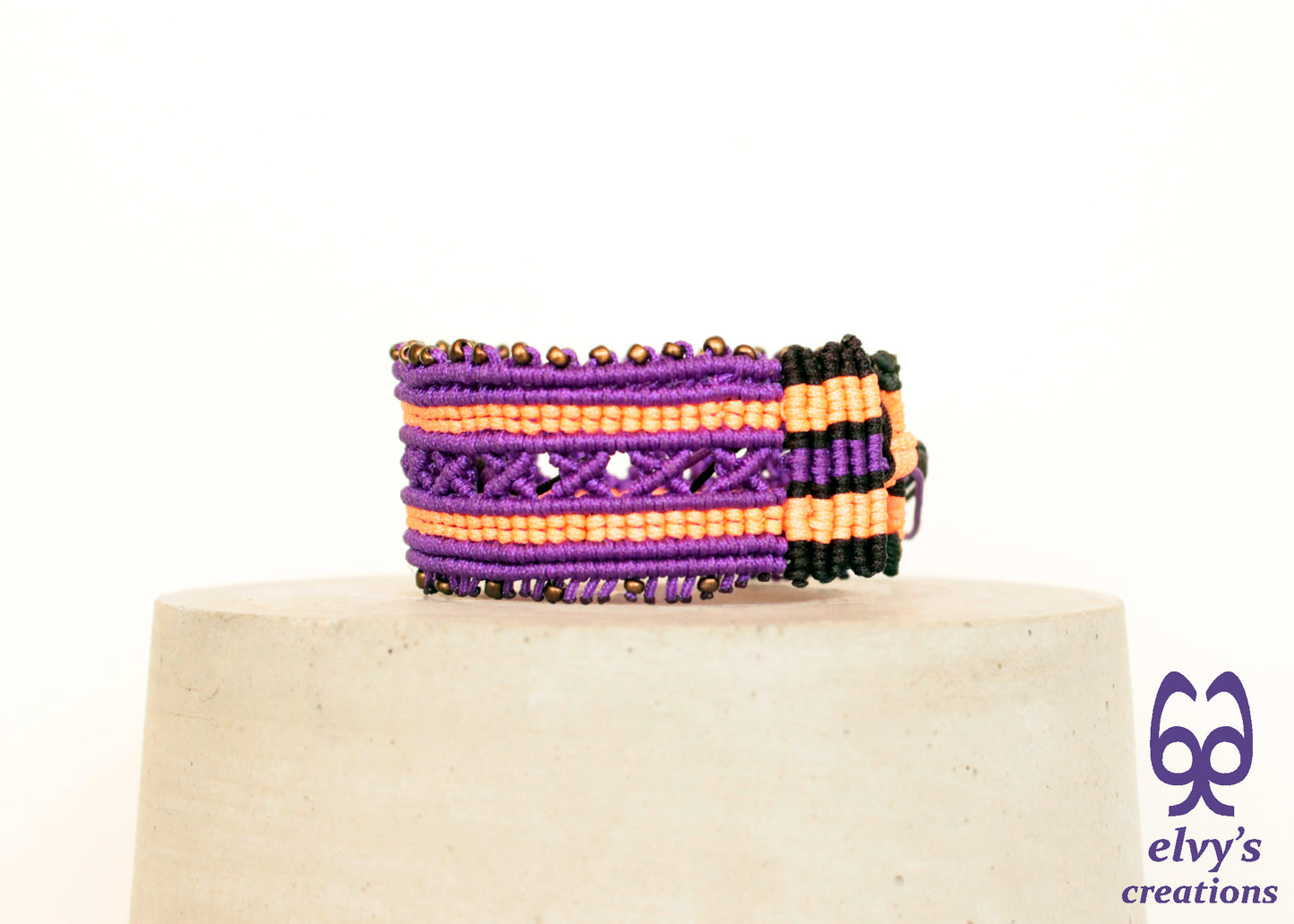 Purple and Fluorescent Orange Macrame Cuff Bracelet Adjustable with Bronze Miyuki Beads