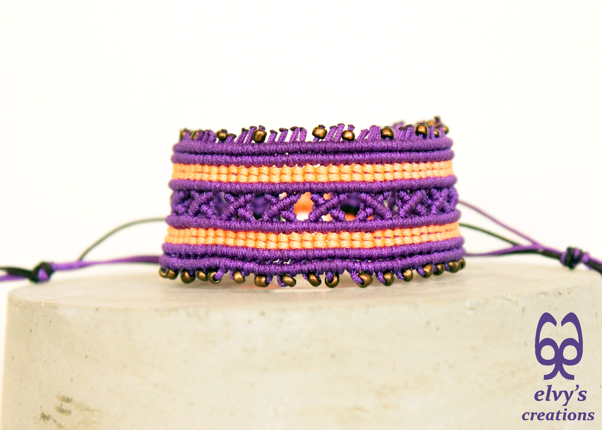 Purple and Fluorescent Orange Macrame Cuff Bracelet Adjustable with Bronze Miyuki Beads