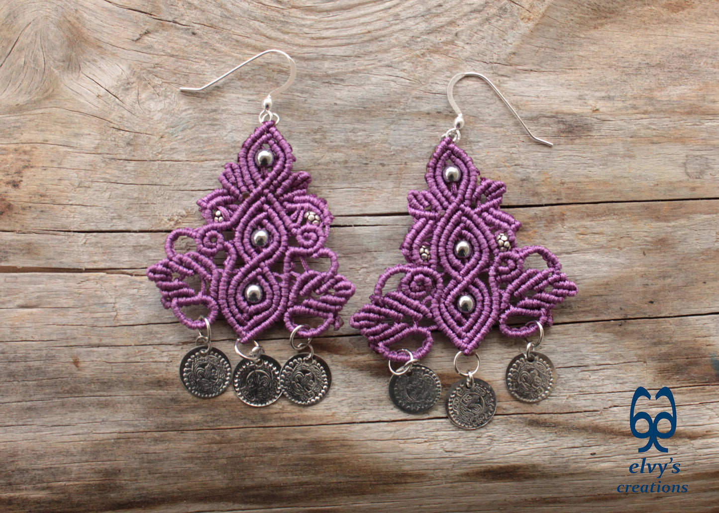 Purple Handmade Macrame Silver Earrings Dangle with Hematite Healing Gemstones Silver Coins 