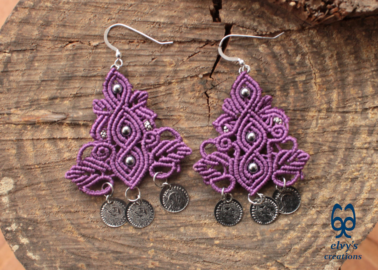 Purple Handmade Macrame Silver Earrings Dangle with Hematite Healing Gemstones Silver Coins 