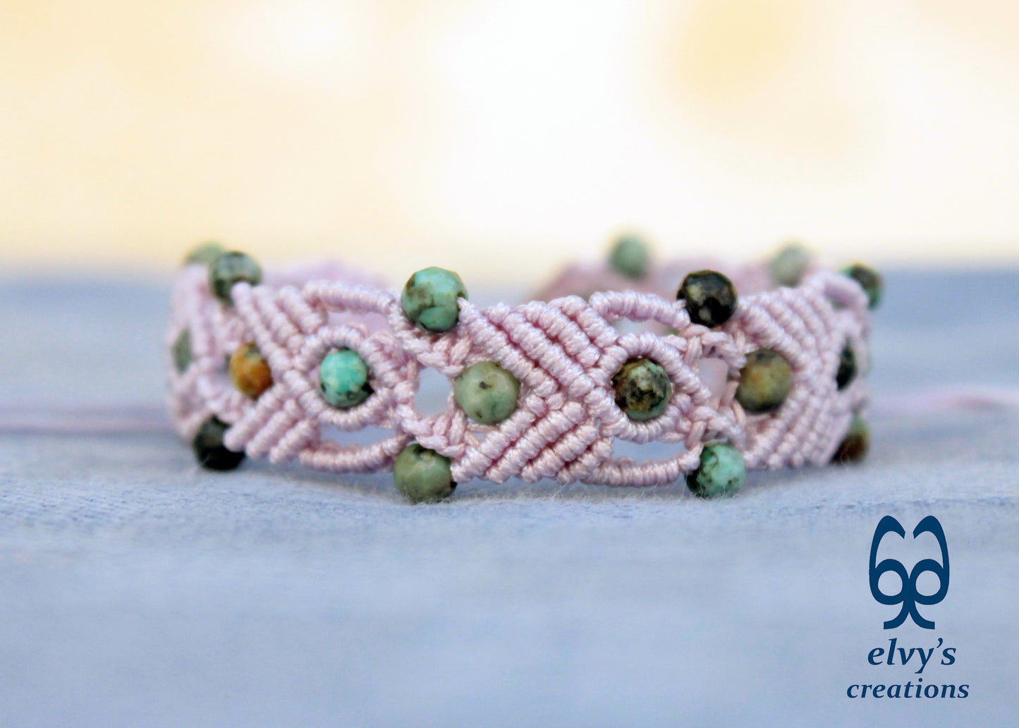 Turquoise Macrame Bracelet, Gemstone Beaded Cuff, Unique Birthday Gift for Women or Men