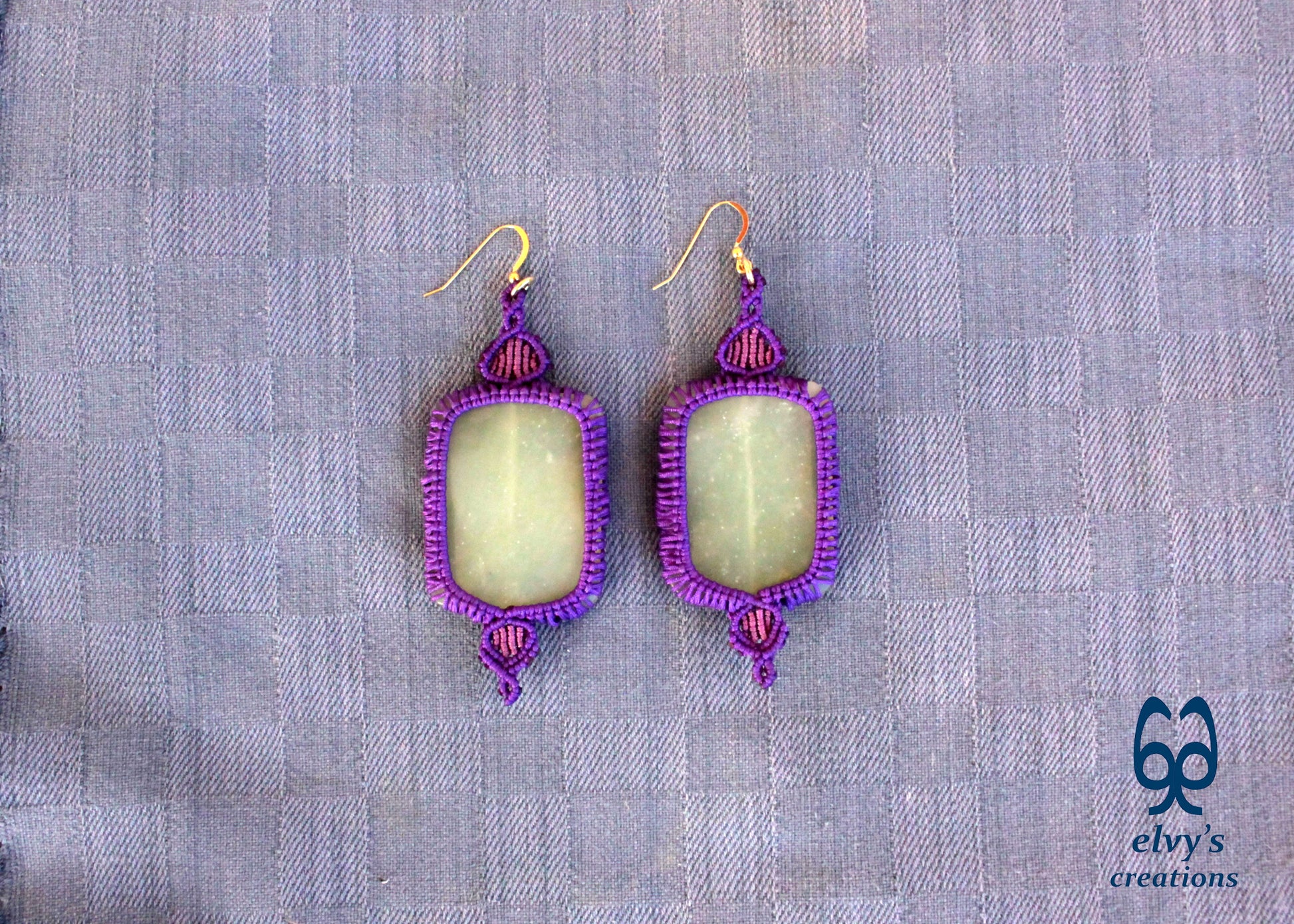 Handmade Purple Macrame Earrings with Long Green Chalcedony Gemstone Beads