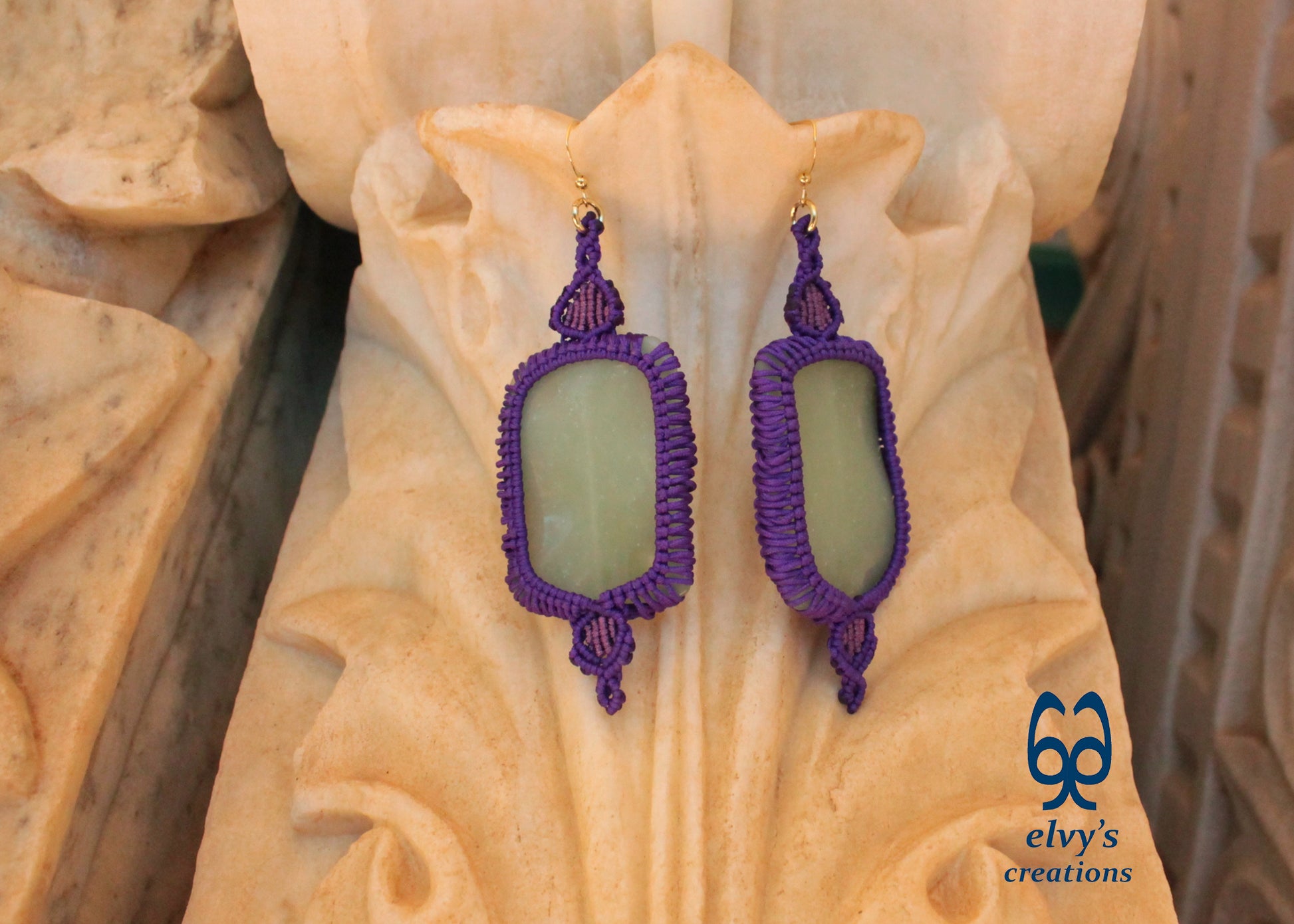 Handmade Purple Macrame Earrings with Long Green Chalcedony Gemstone Beads