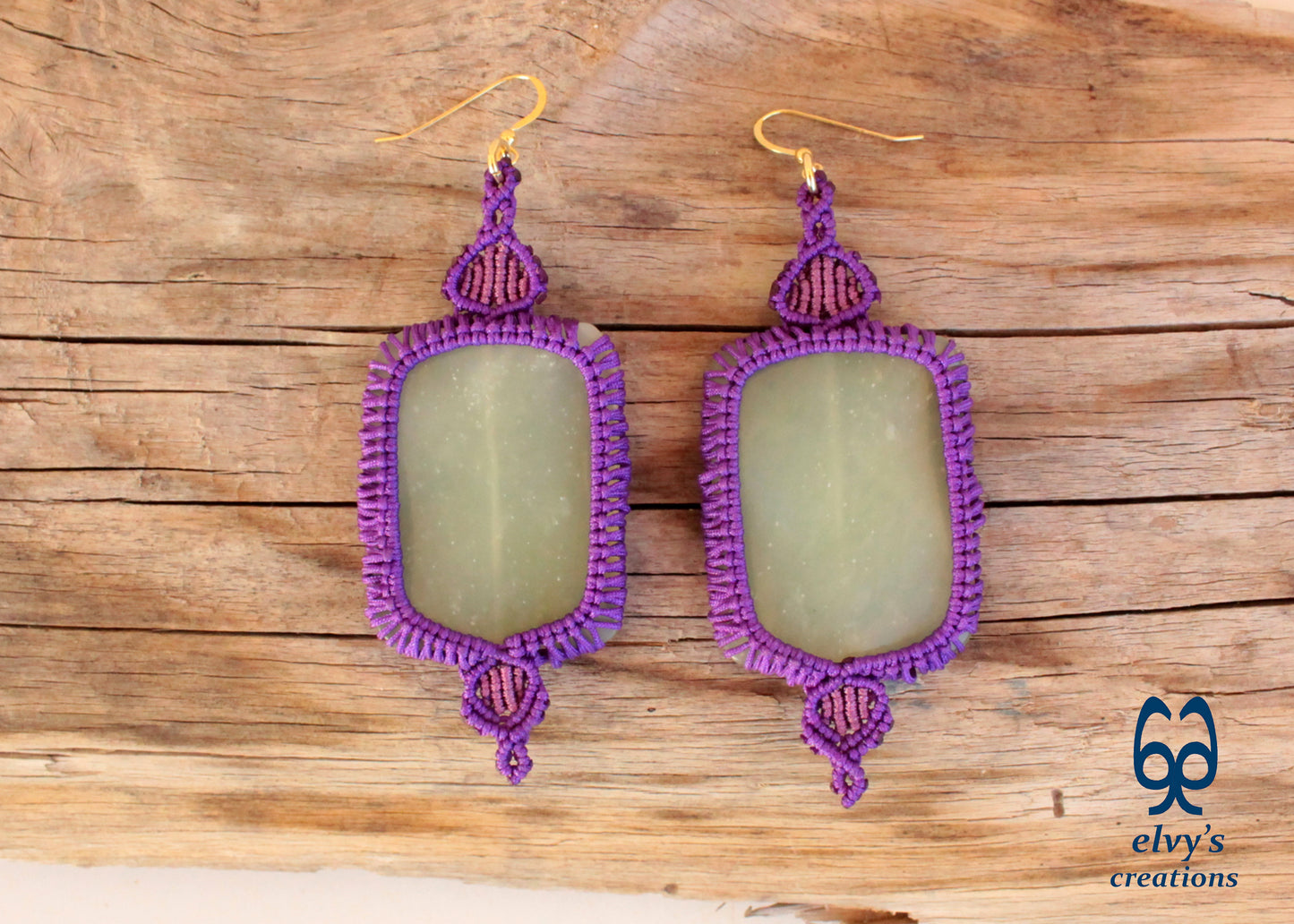 Handmade Purple Macrame Earrings with Long Green Chalcedony Gemstone Beads