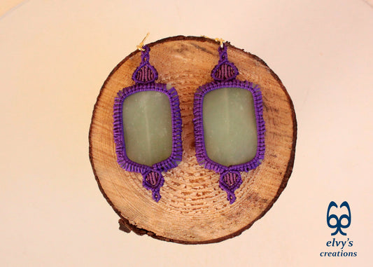 Handmade Purple Macrame Earrings with Long Green Chalcedony Gemstone Beads