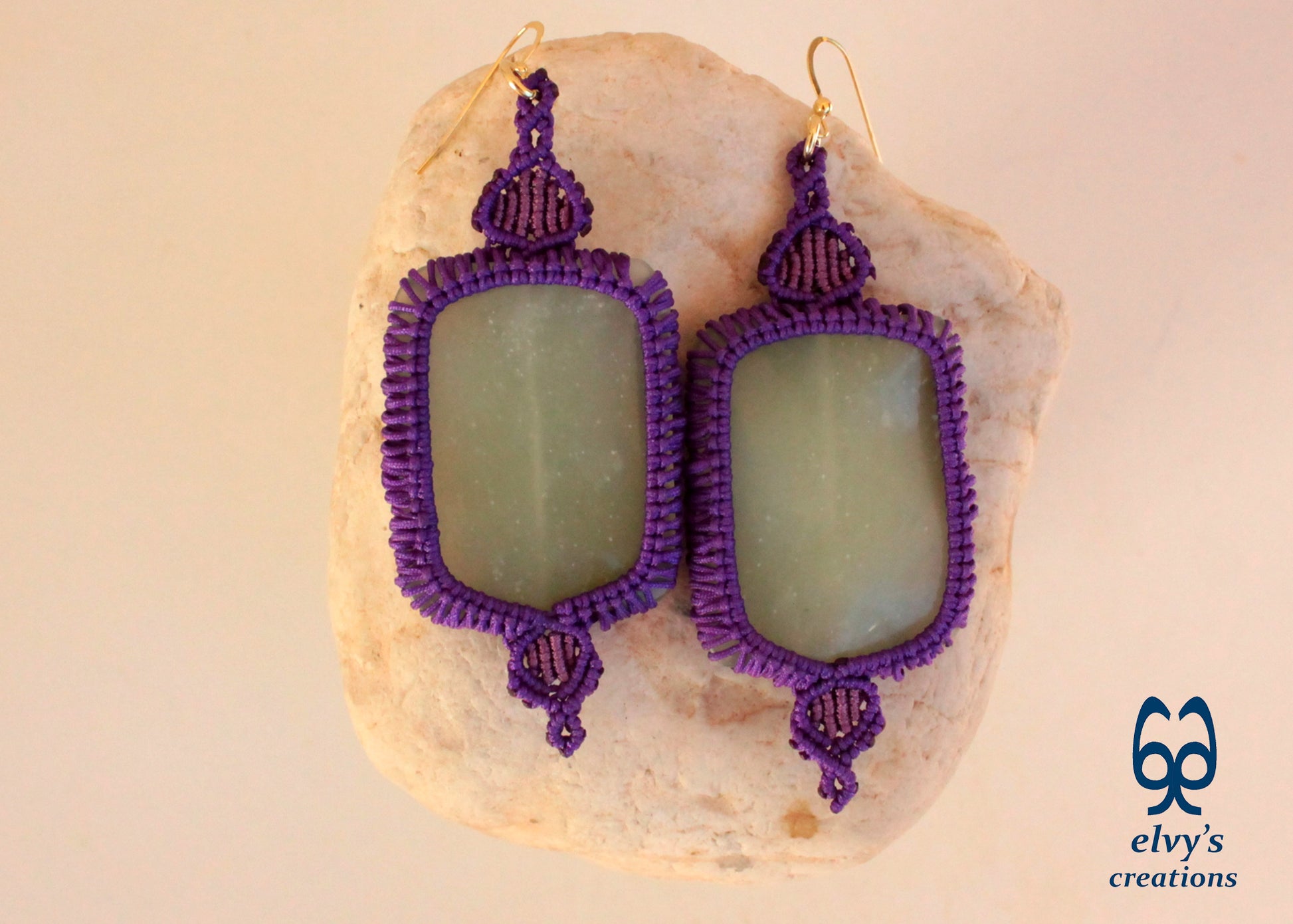 Handmade Purple Macrame Earrings with Long Green Chalcedony Gemstone Beads