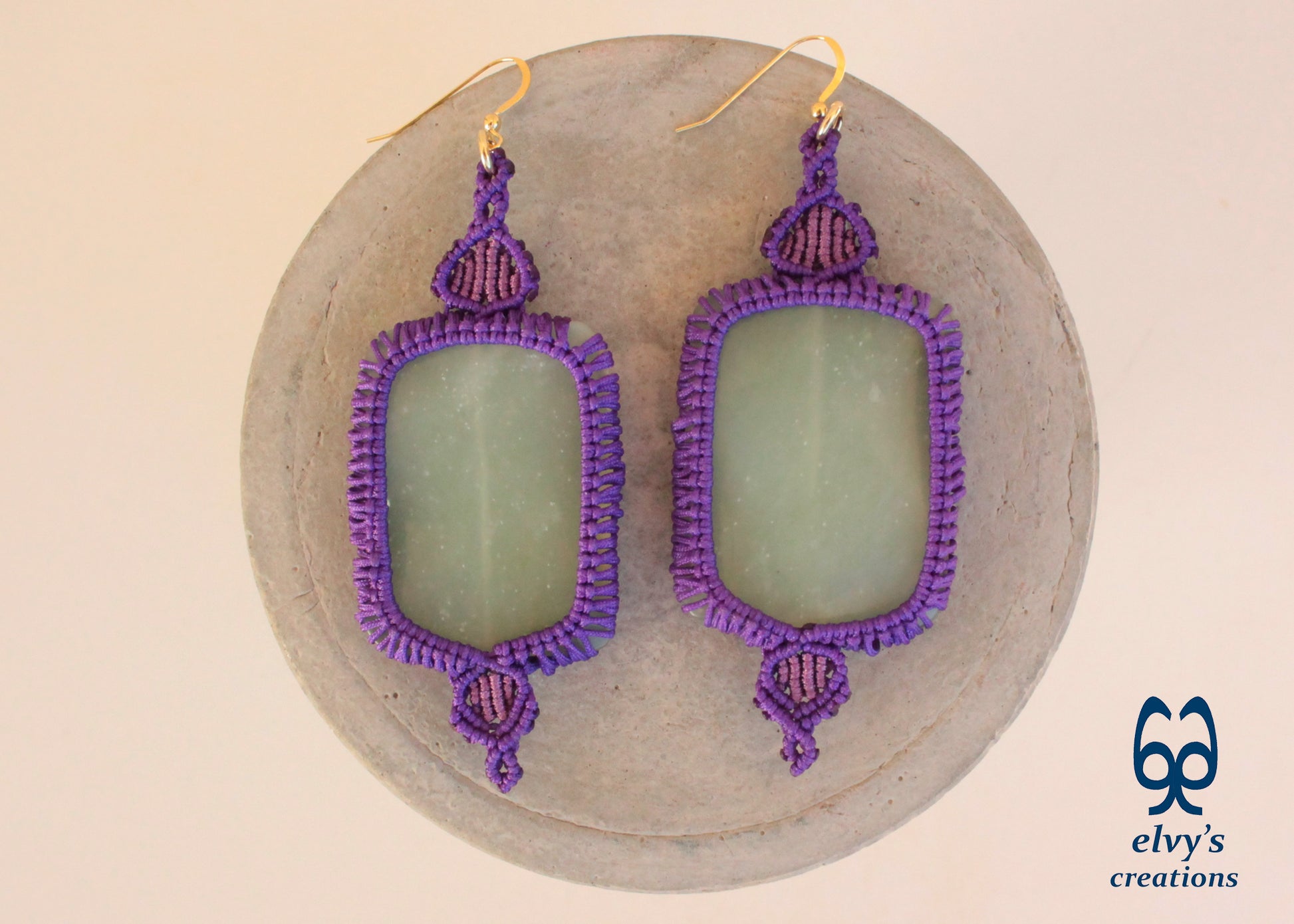 Handmade Purple Macrame Earrings with Long Green Chalcedony Gemstone Beads