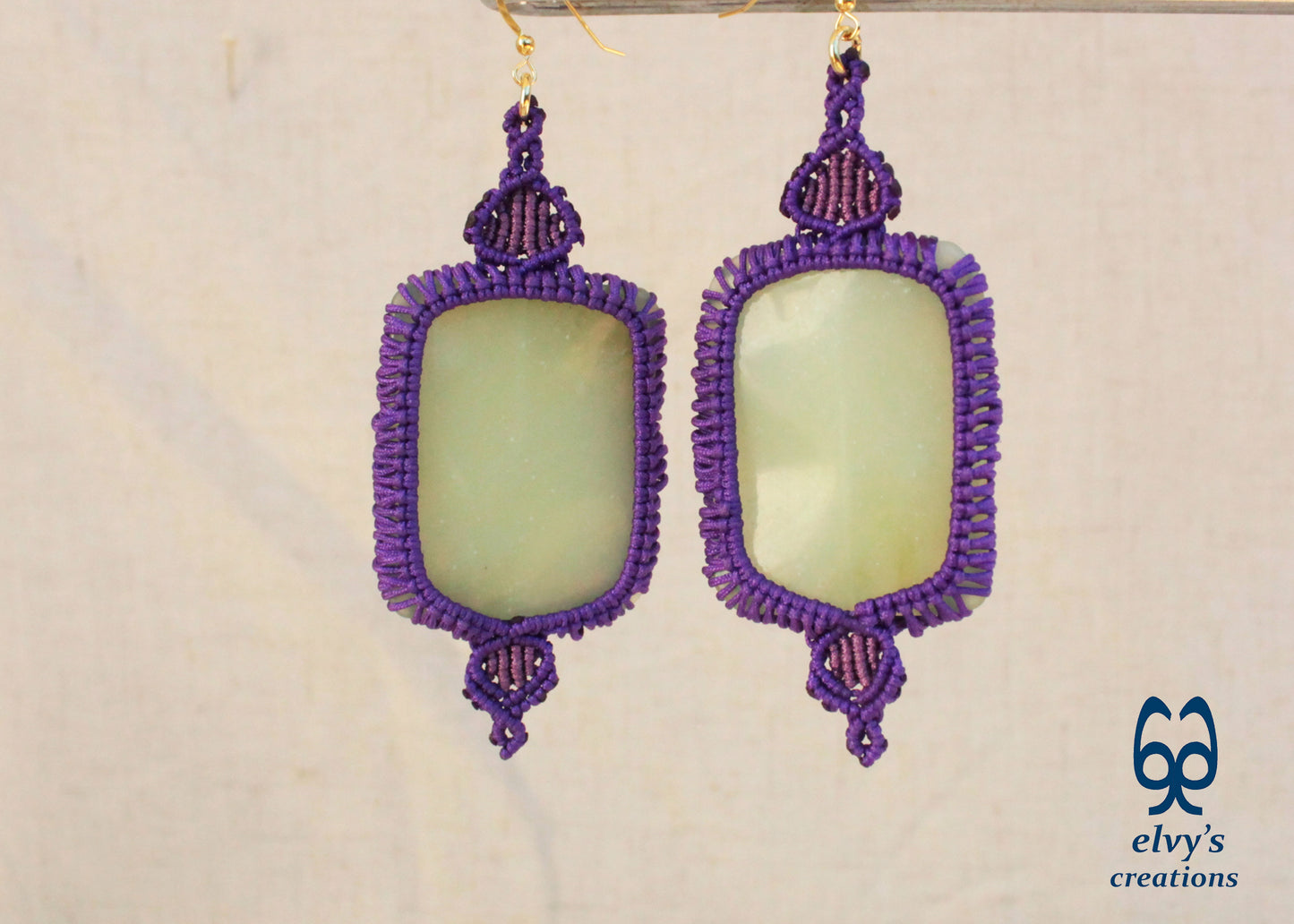 Handmade Purple Macrame Earrings with Long Green Chalcedony Gemstone Beads