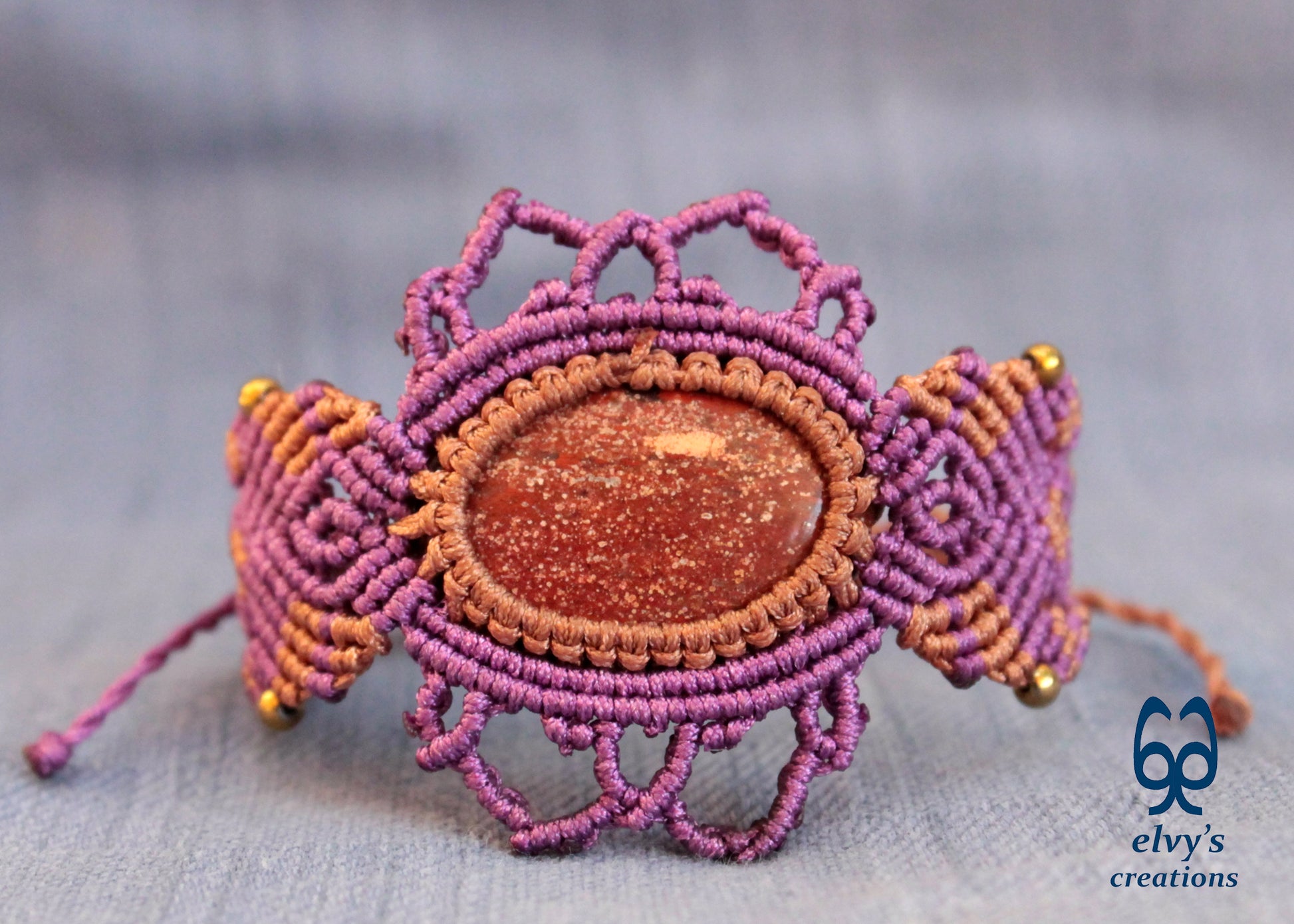 Purple Handmade Macrame Bracelet,  Red Jasper Gemstone Beaded Cuff, Unique Birthday Gift for Women