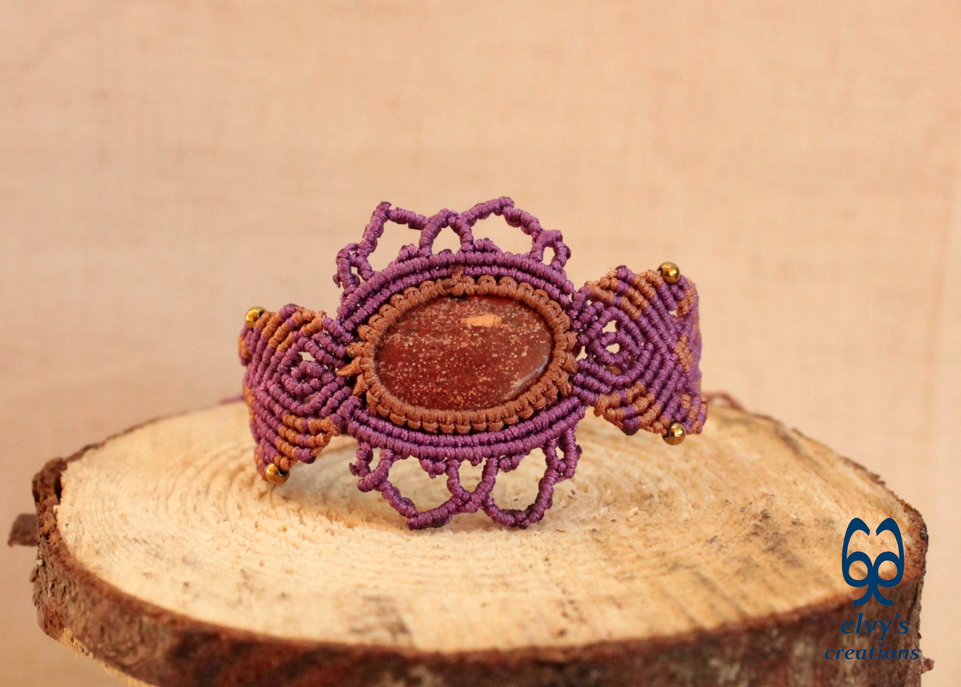 Purple Handmade Macrame Bracelet,  Red Jasper Gemstone Beaded Cuff, Unique Birthday Gift for Women