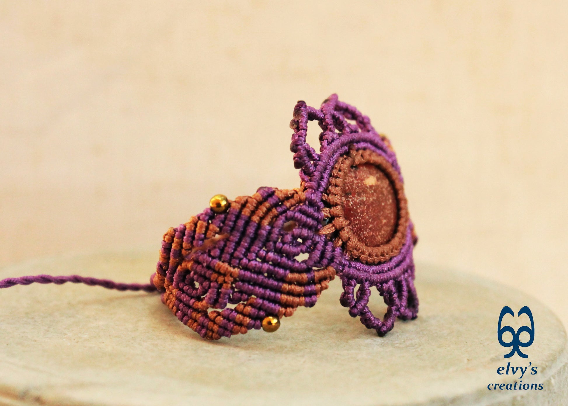 Purple Handmade Macrame Bracelet,  Red Jasper Gemstone Beaded Cuff, Unique Birthday Gift for Women