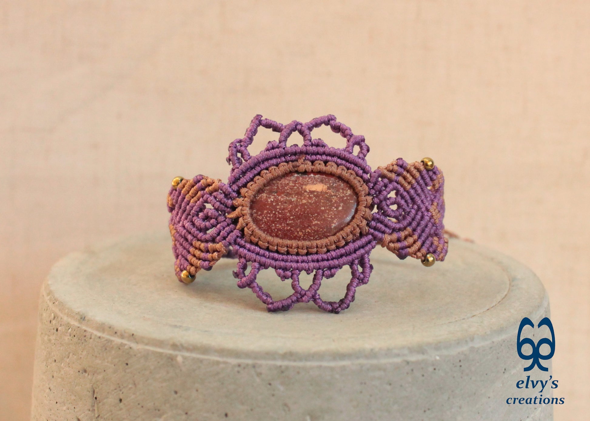 Purple Handmade Macrame Bracelet,  Red Jasper Gemstone Beaded Cuff, Unique Birthday Gift for Women