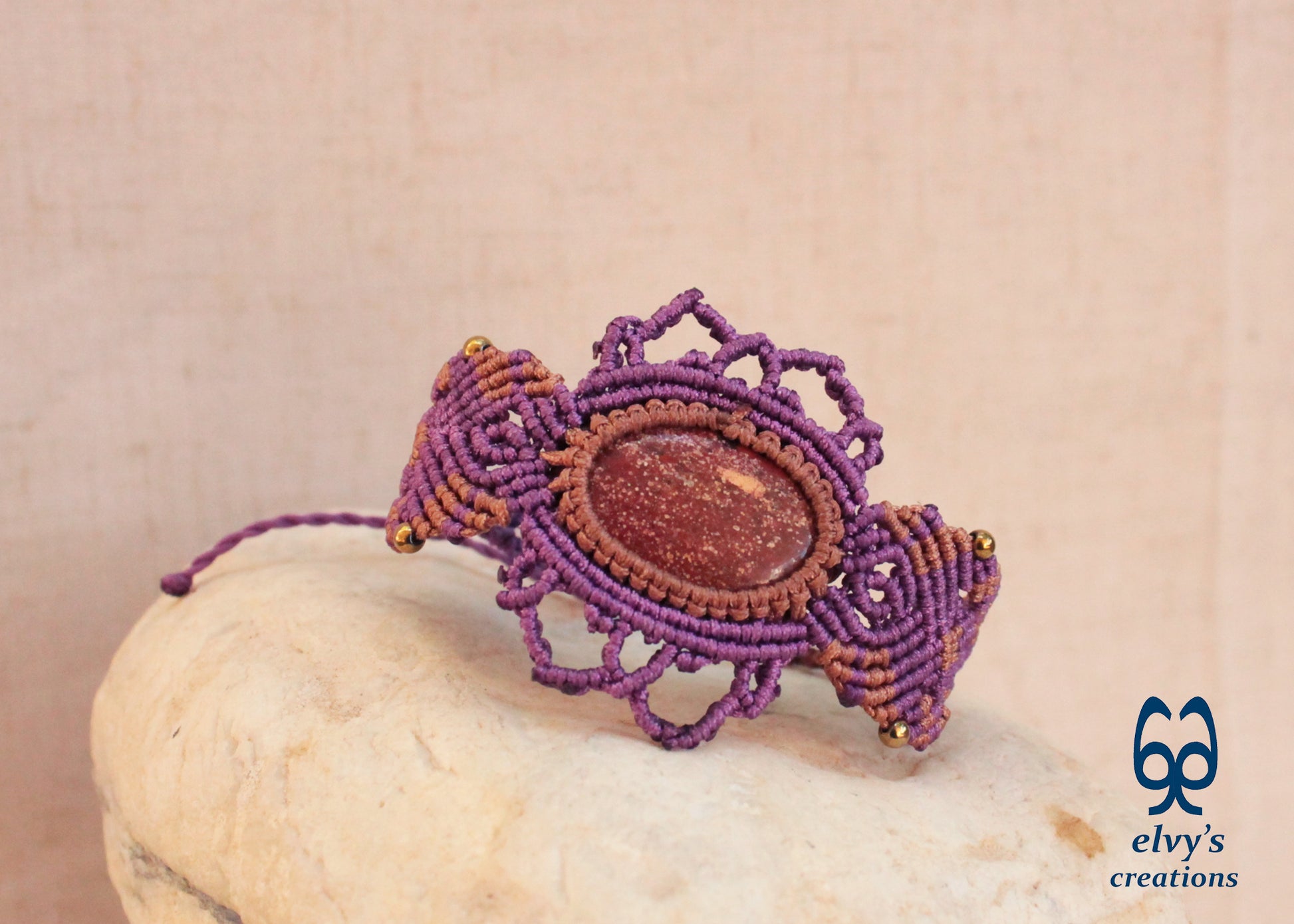 Purple Handmade Macrame Bracelet,  Red Jasper Gemstone Beaded Cuff, Unique Birthday Gift for Women