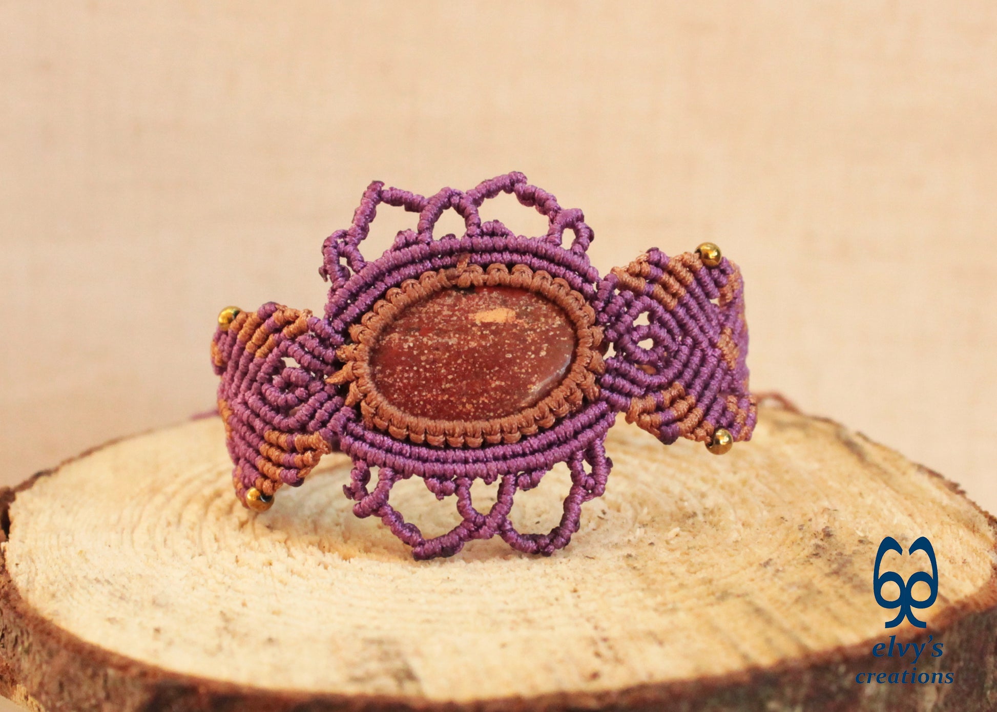Purple Handmade Macrame Bracelet,  Red Jasper Gemstone Beaded Cuff, Unique Birthday Gift for Women
