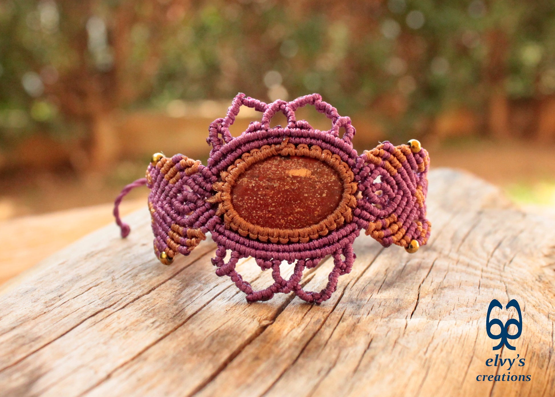 Purple Handmade Macrame Bracelet,  Red Jasper Gemstone Beaded Cuff, Unique Birthday Gift for Women