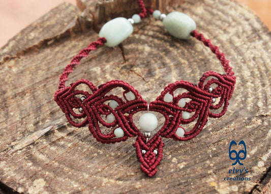 Red Macrame Choker Moonstone Lace Necklace Macrame Adjustable Choker Amazonite and Hematite Beaded Jewelry 