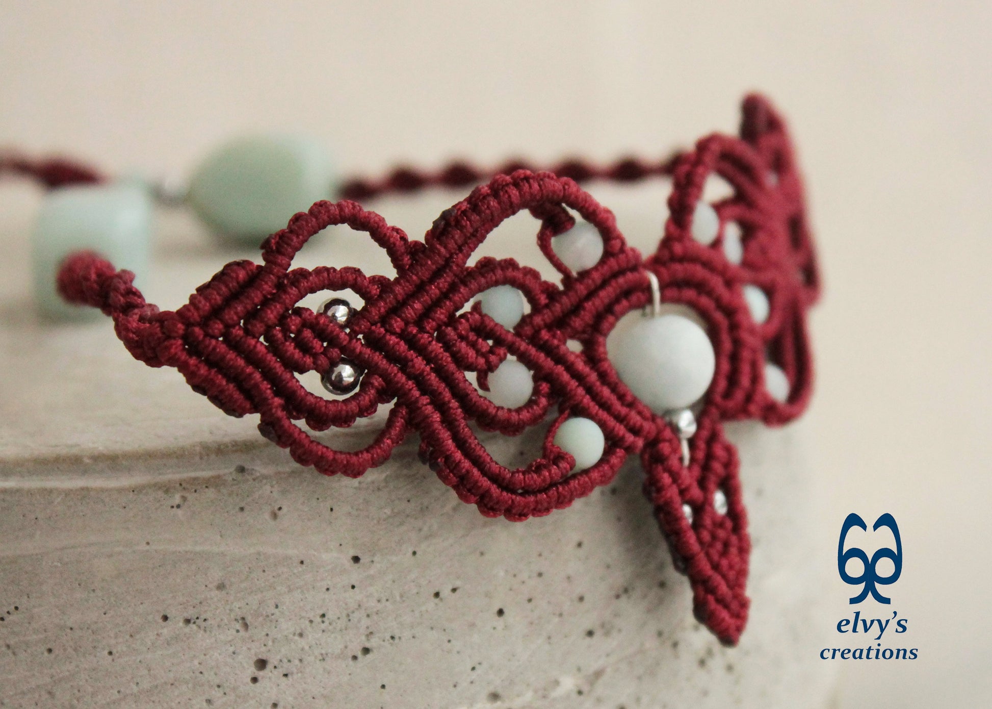 Red Macrame Choker Moonstone Lace Necklace Macrame Adjustable Choker Amazonite and Hematite Beaded Jewelry 